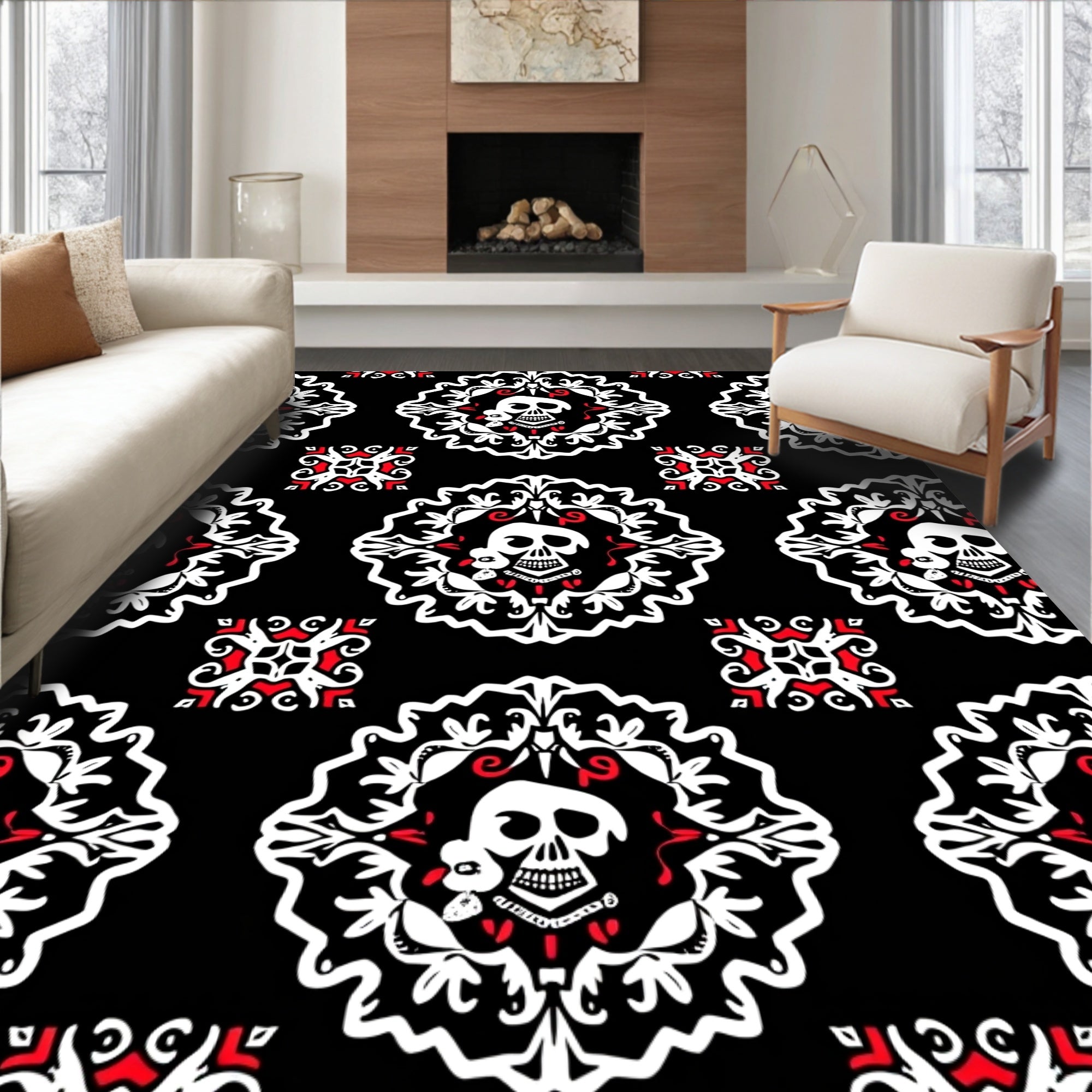 Black White Red Skull Medallion Rug