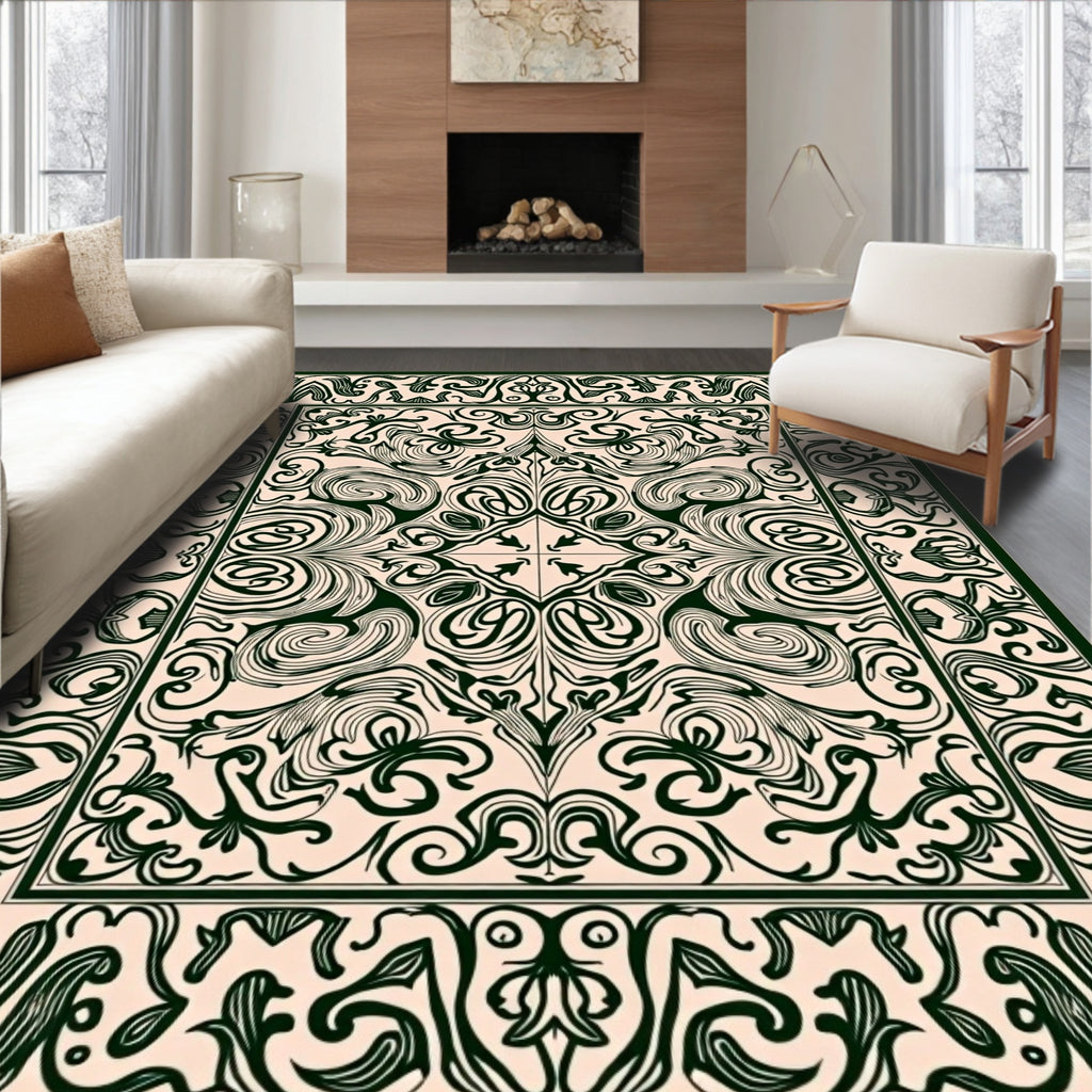 Elegant Dark Green Floral Arabesque Design Rug