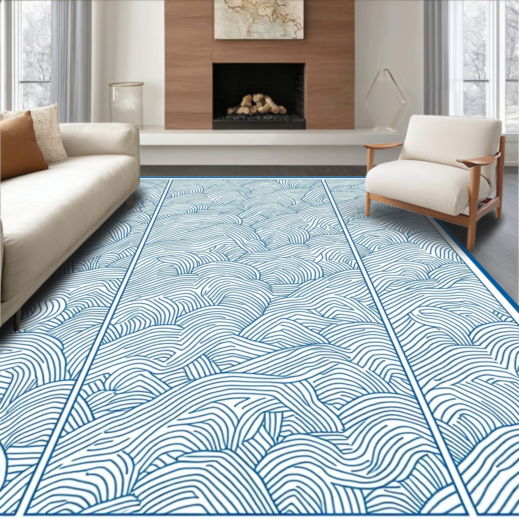 Blue Wavy Contour Layered Design Rug