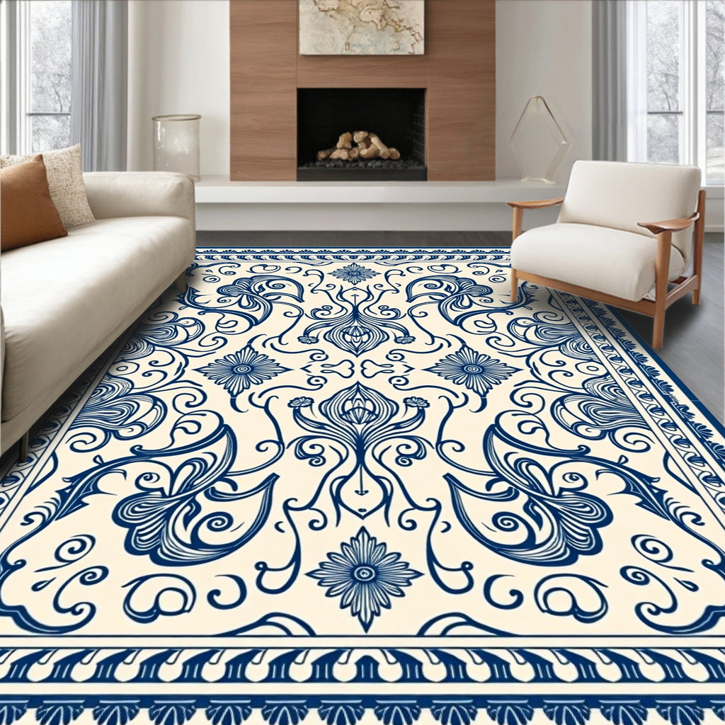Ornate Floral Blue Cream Pattern Rug