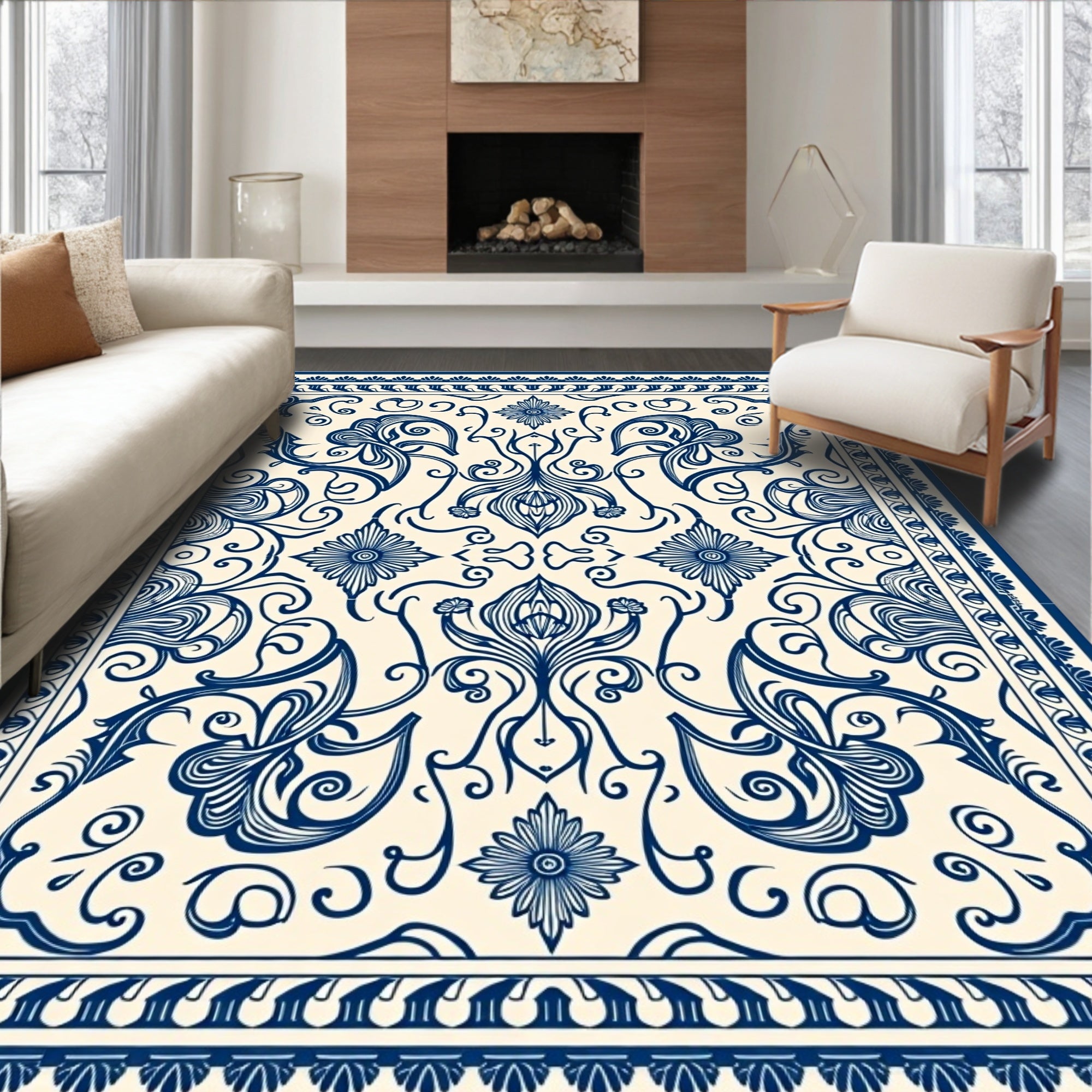 Ornate Floral Blue Cream Pattern Rug