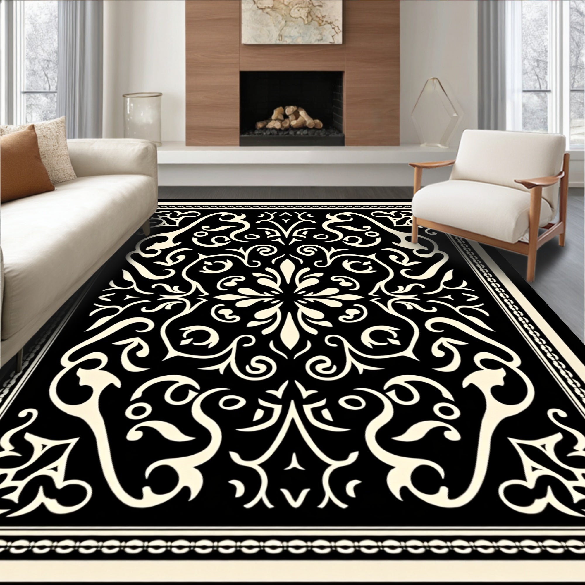 Classic Scrollwork Black Cream Rug