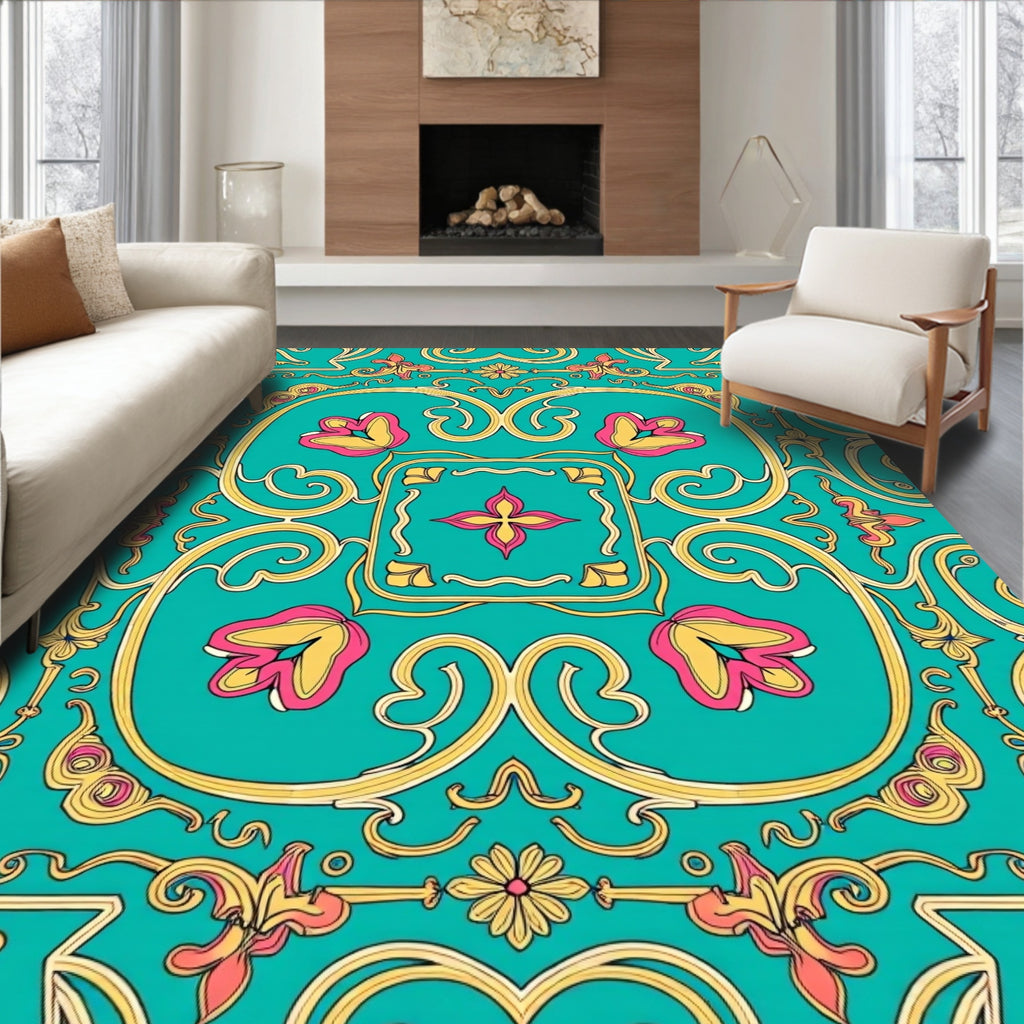 Ornate Teal Floral Scroll Pattern Rug