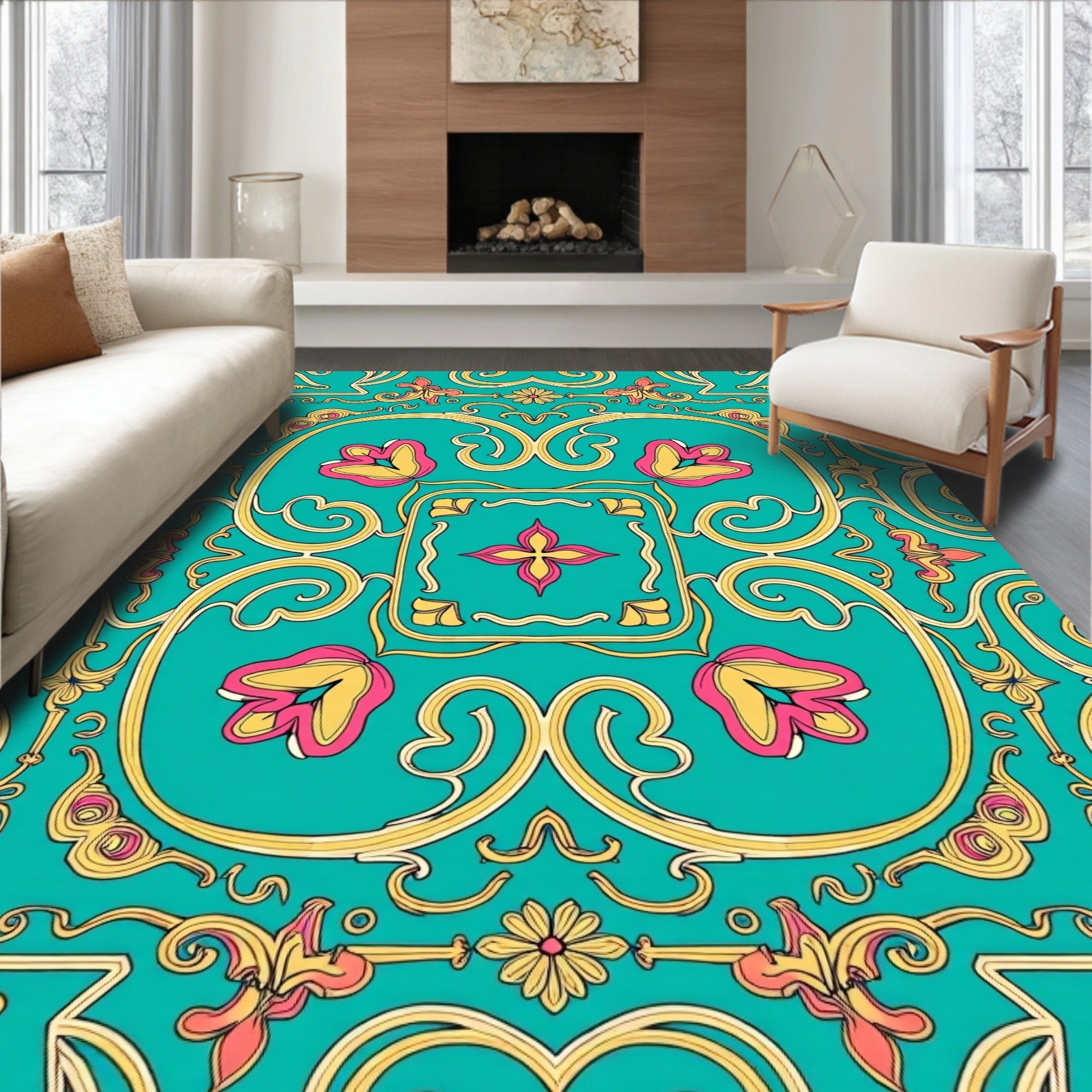 Ornate Teal Floral Scroll Pattern Rug
