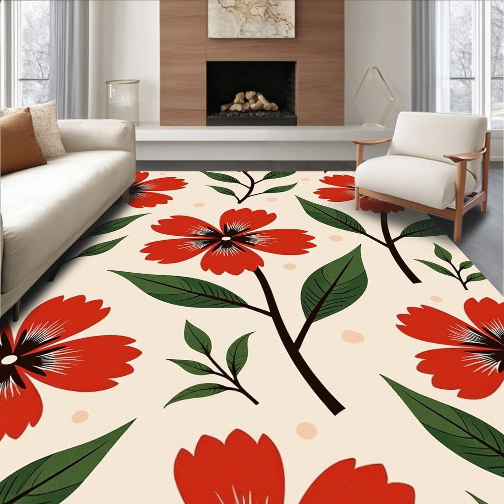 Red Floral Pattern With Green Leaves Rug