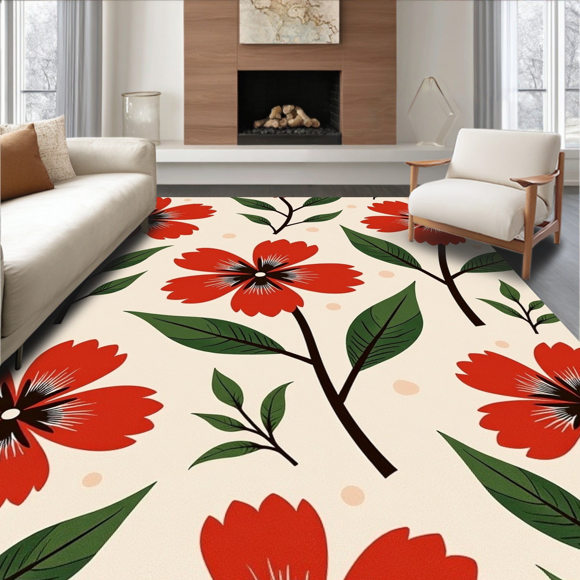 Red Floral Pattern With Green Leaves Rug