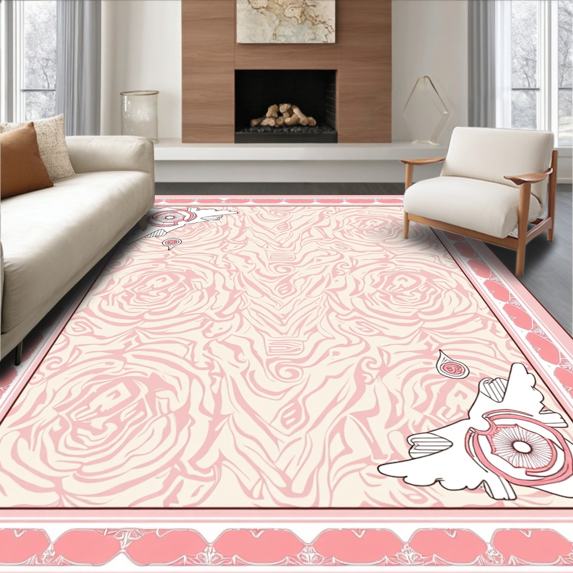 Delicate Pink Floral Swirl Pattern Rug