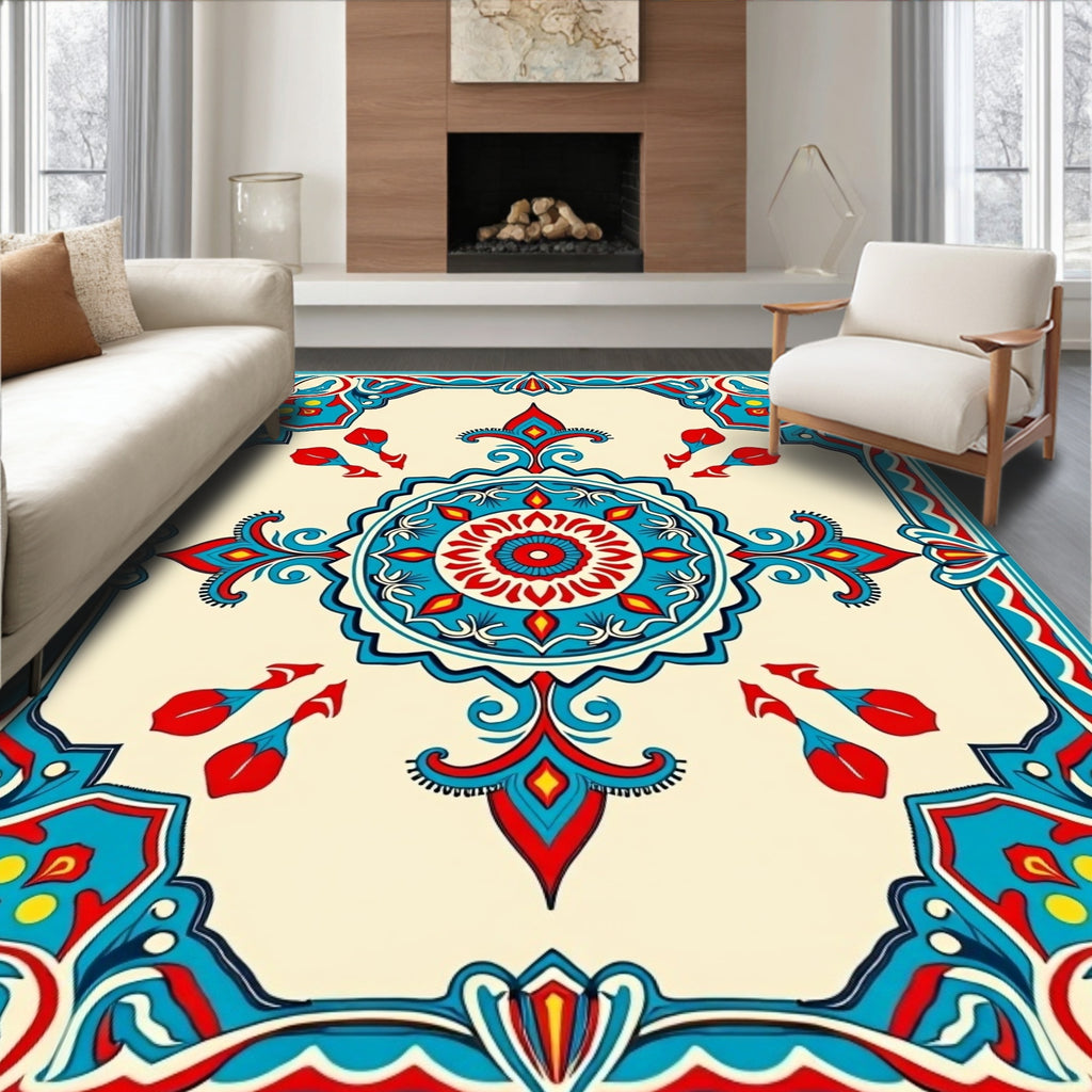 Vibrant Blue Red Floral Mandala Pattern Rug