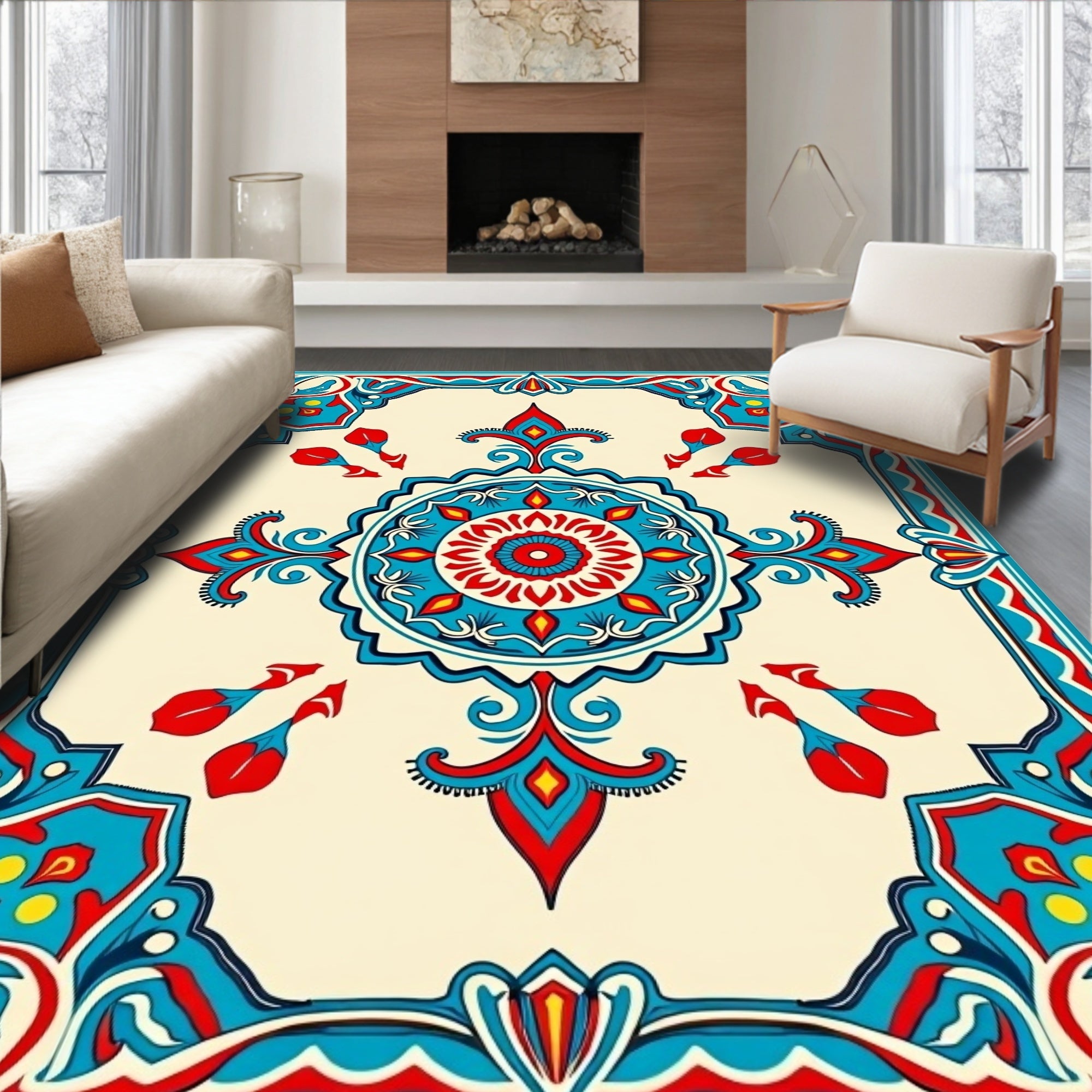 Vibrant Blue Red Floral Mandala Pattern Rug