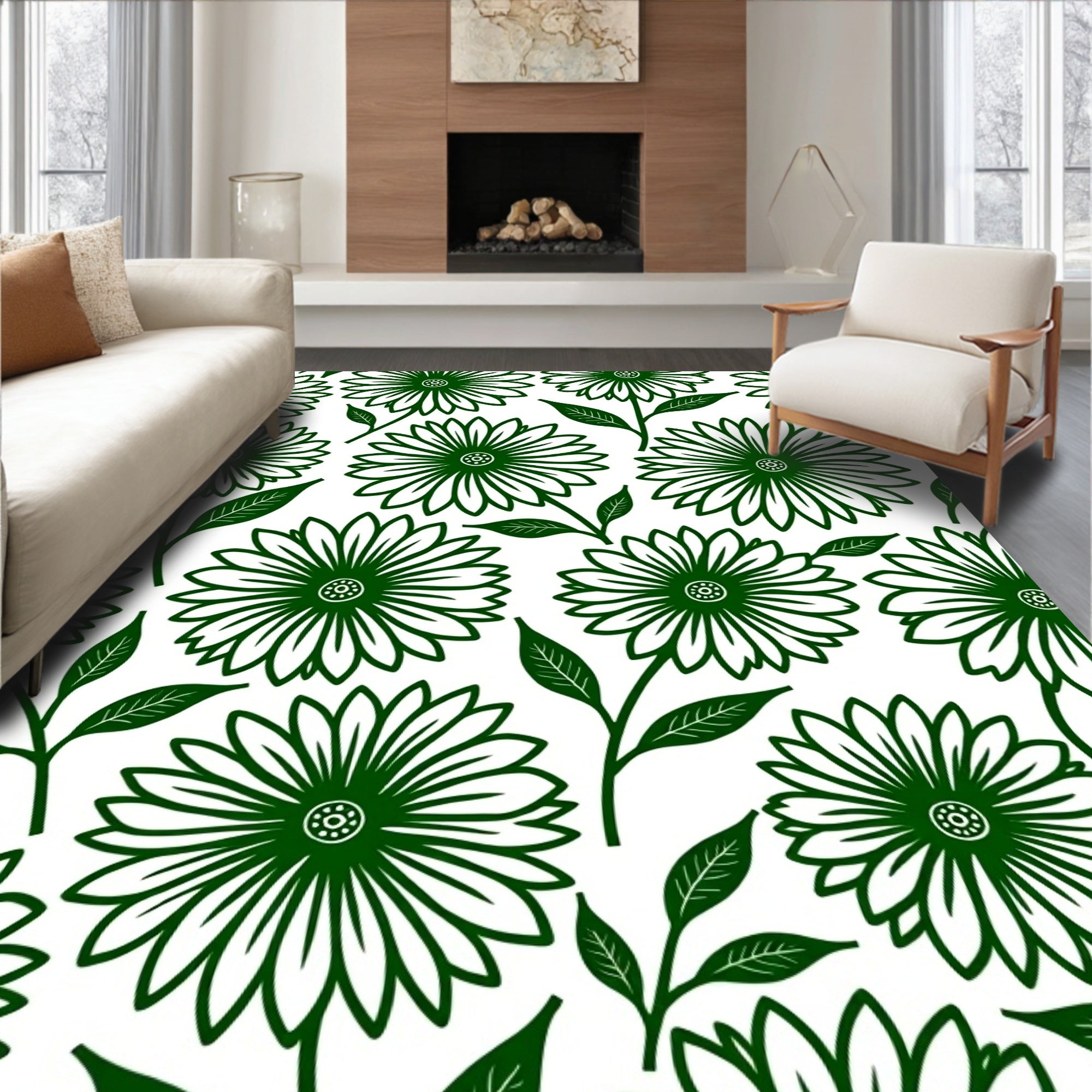Green Daisy Floral Pattern Rug