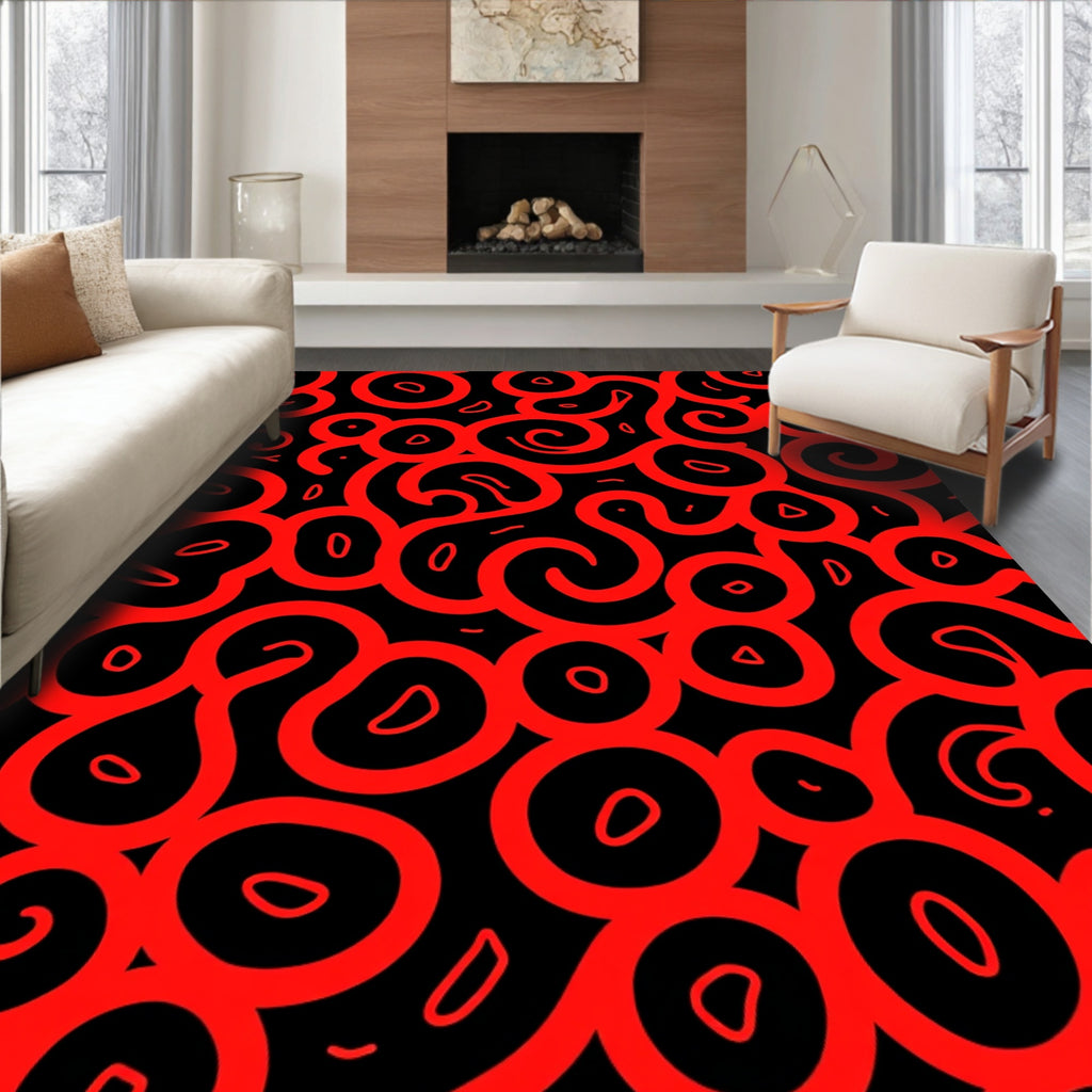 Abstract Organic Red Black Swirls Rug