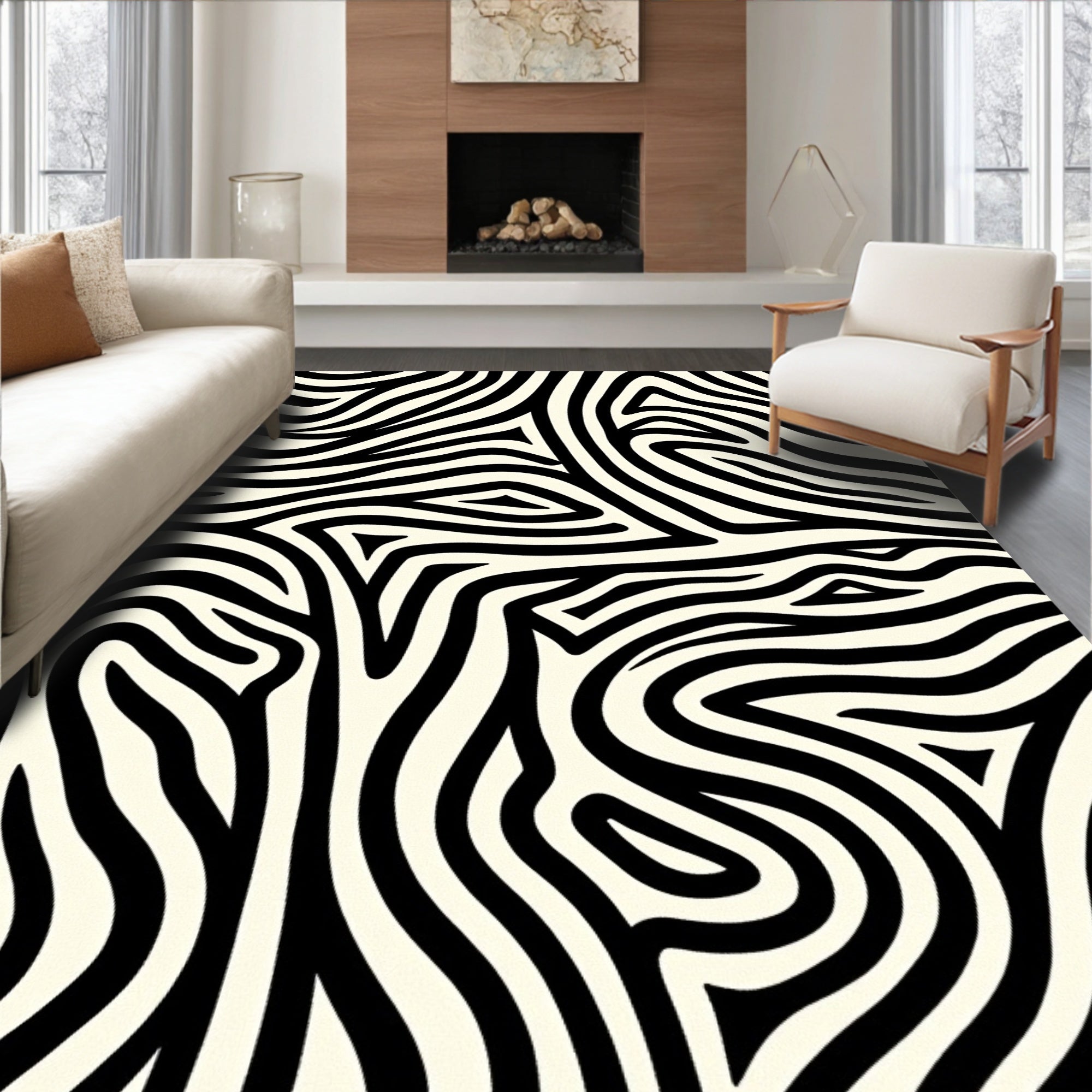 Bold Black White Zebra Stripe Design Rug