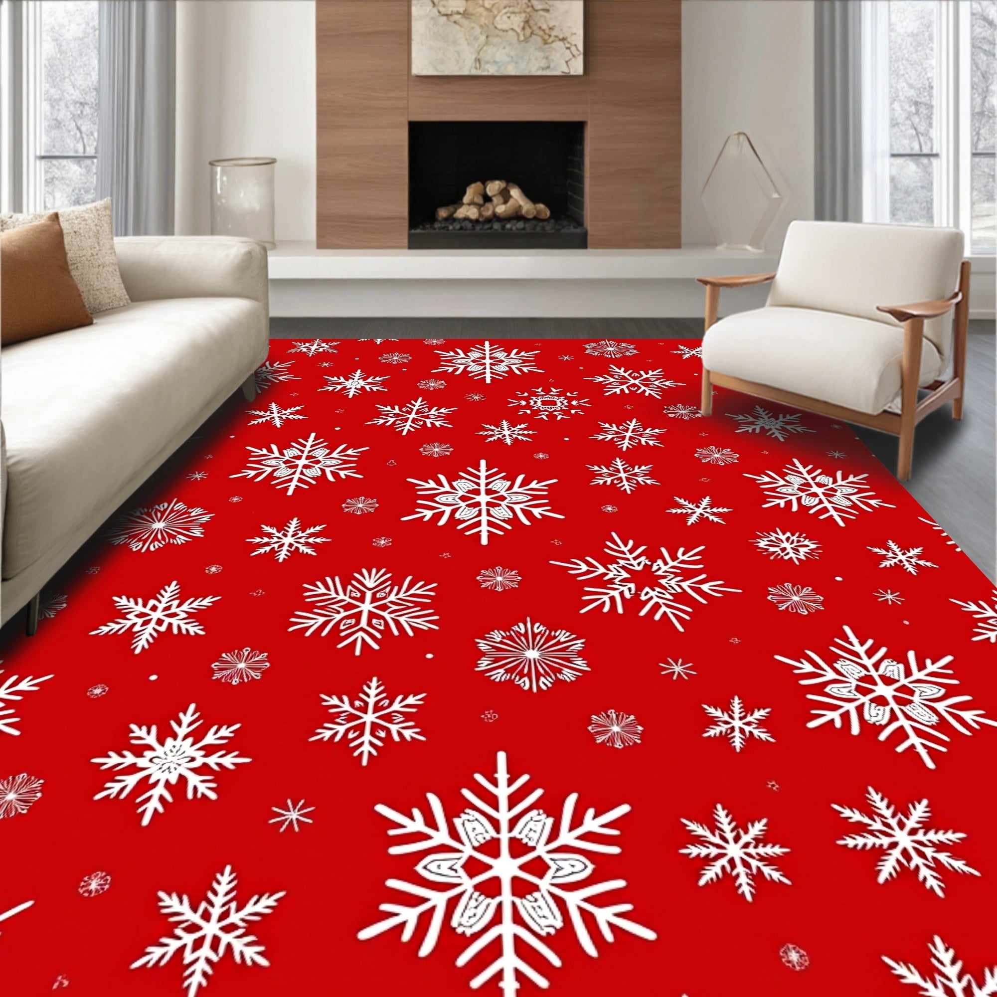 Winter White Snowflake Patterned Rug