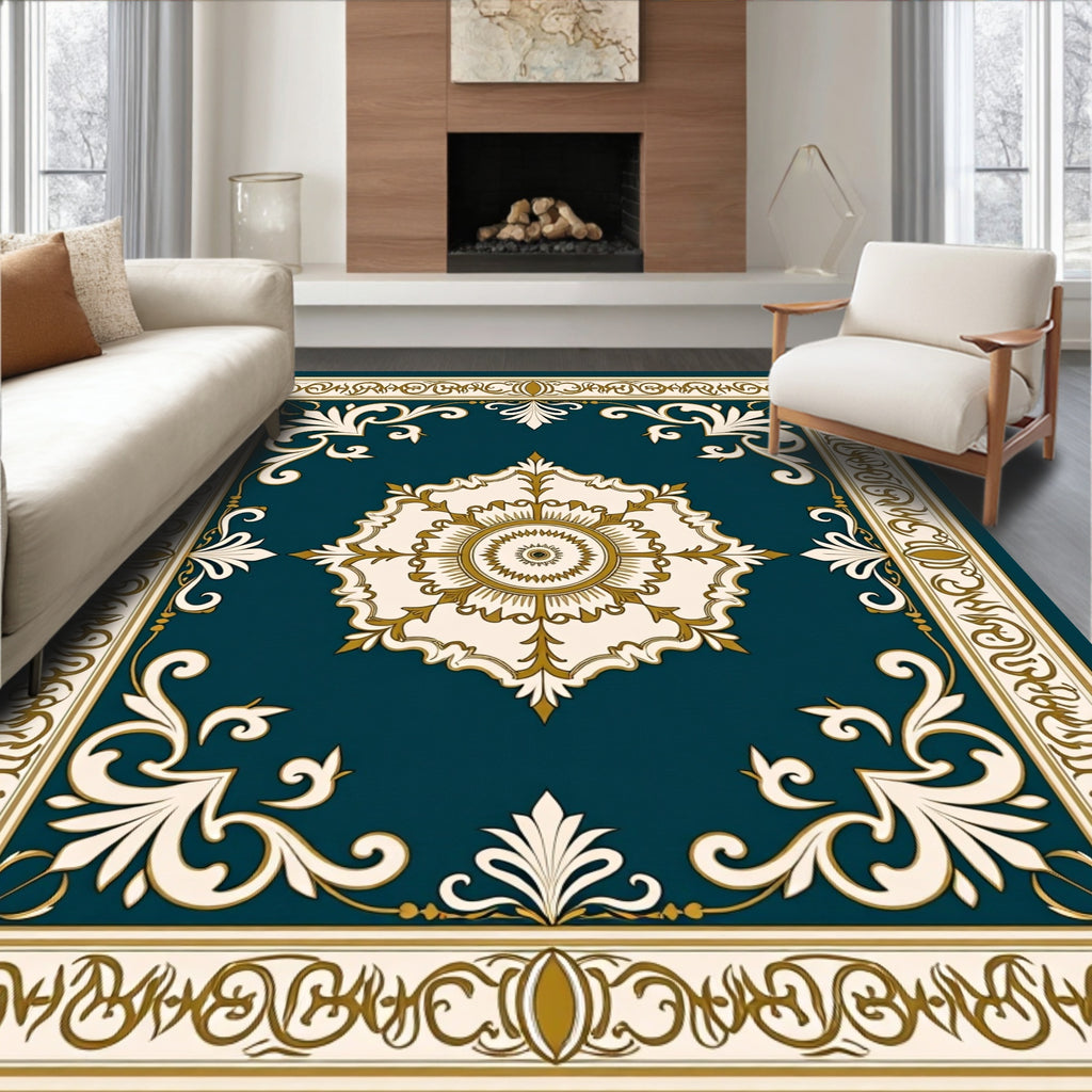 Elegant Teal And Gold Floral Medallion Rug