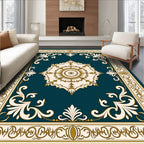 Elegant Teal And Gold Floral Medallion Rug