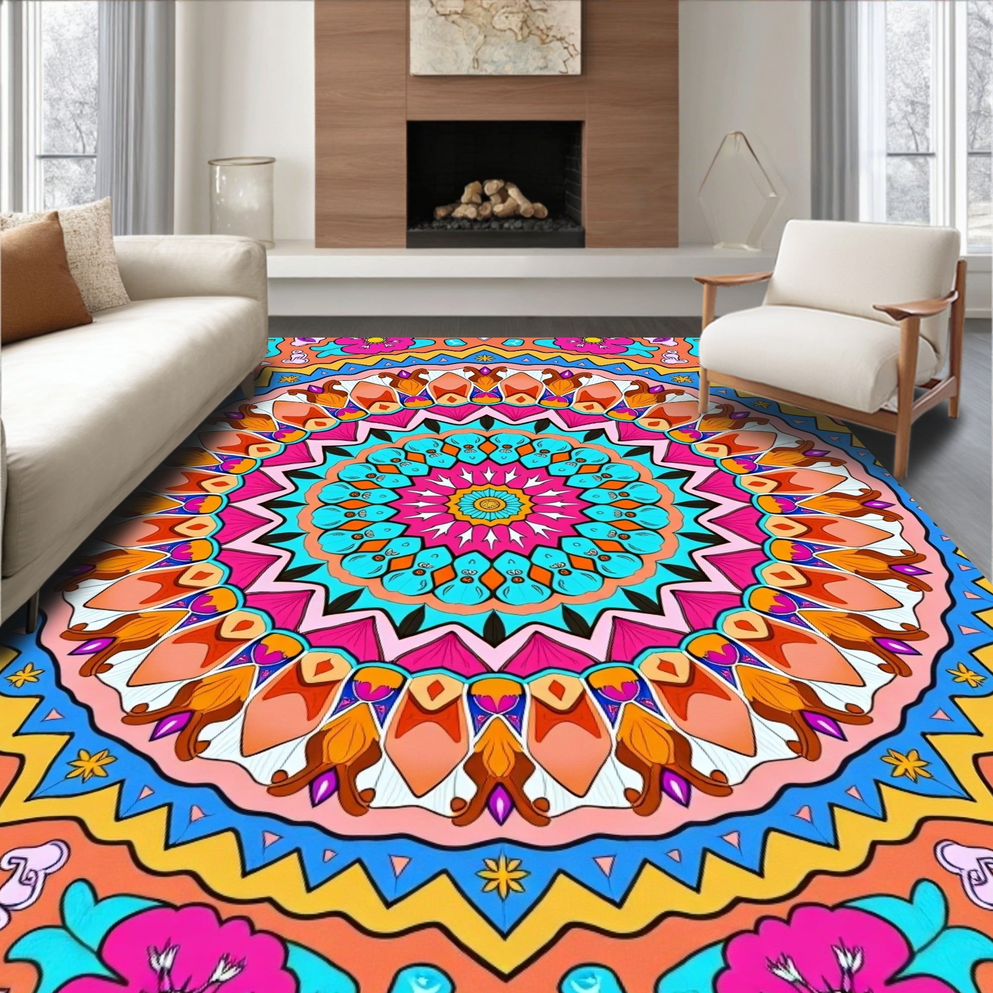 Vibrant Floral Mandala Pattern Rug
