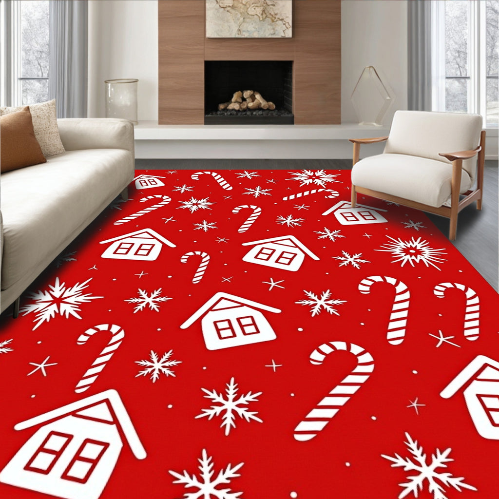 Whimsical Red Snowflake Candy Cane Homes Rug