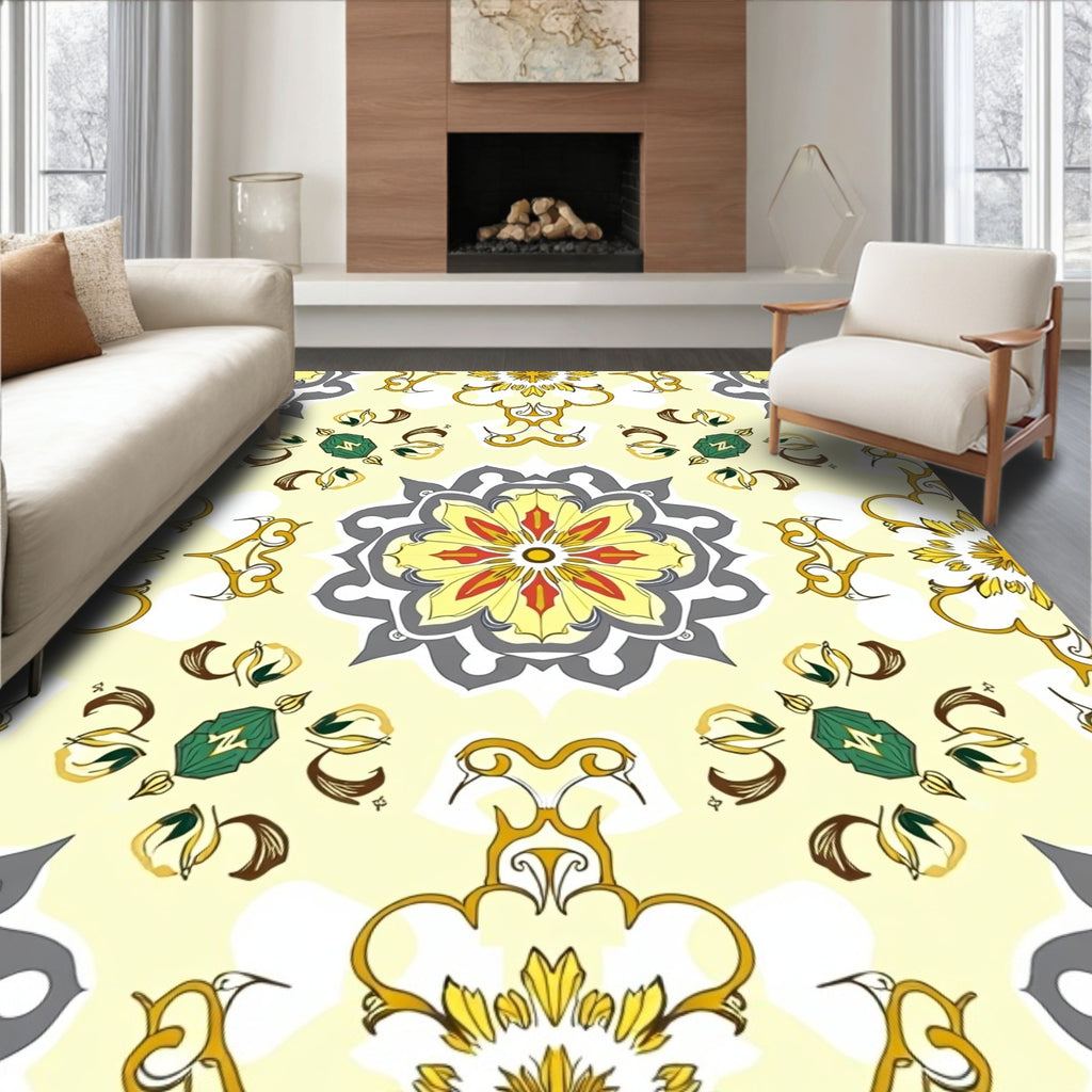 Mandala Floral Yellow Grey Pattern Rug