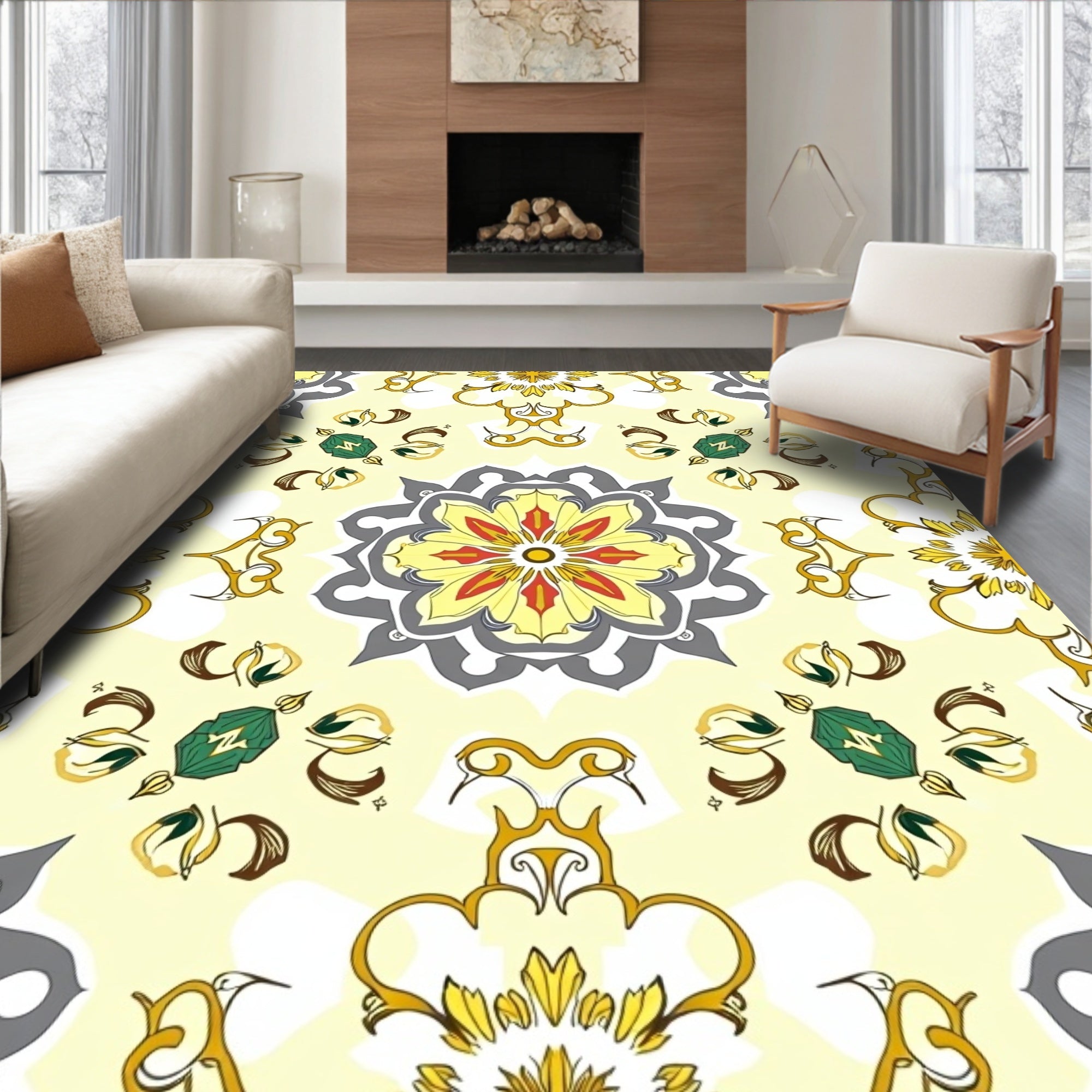 Mandala Floral Yellow Grey Pattern Rug
