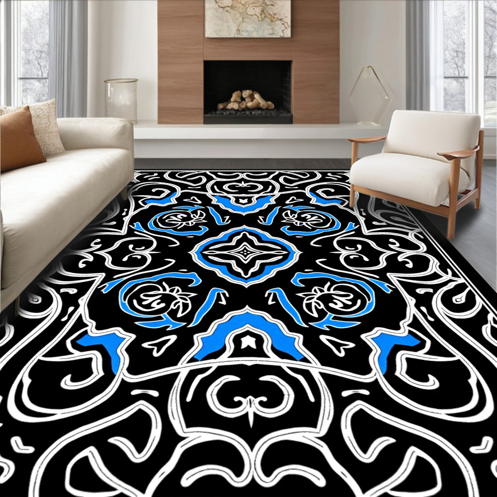 Classic Black Blue Scrollwork Medallion Rug