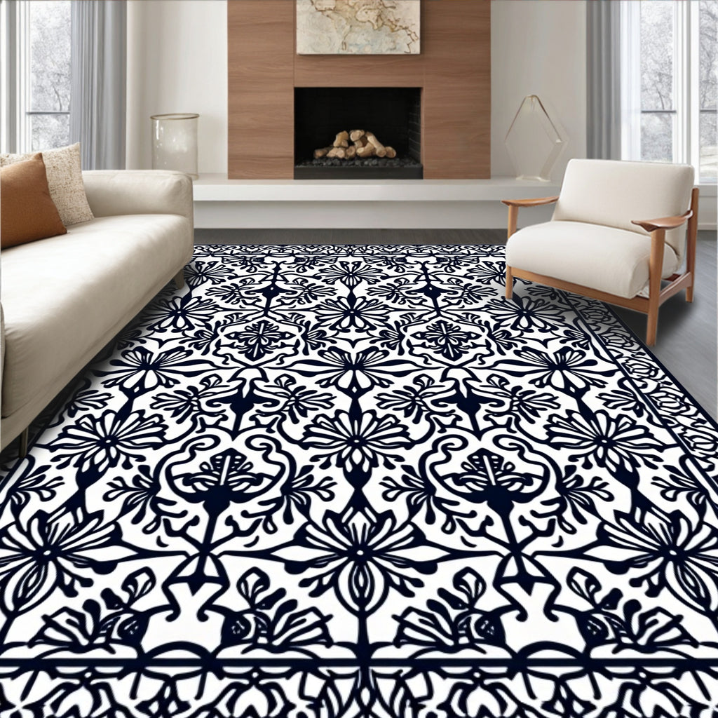 Ornate Floral Black and White Pattern Rug