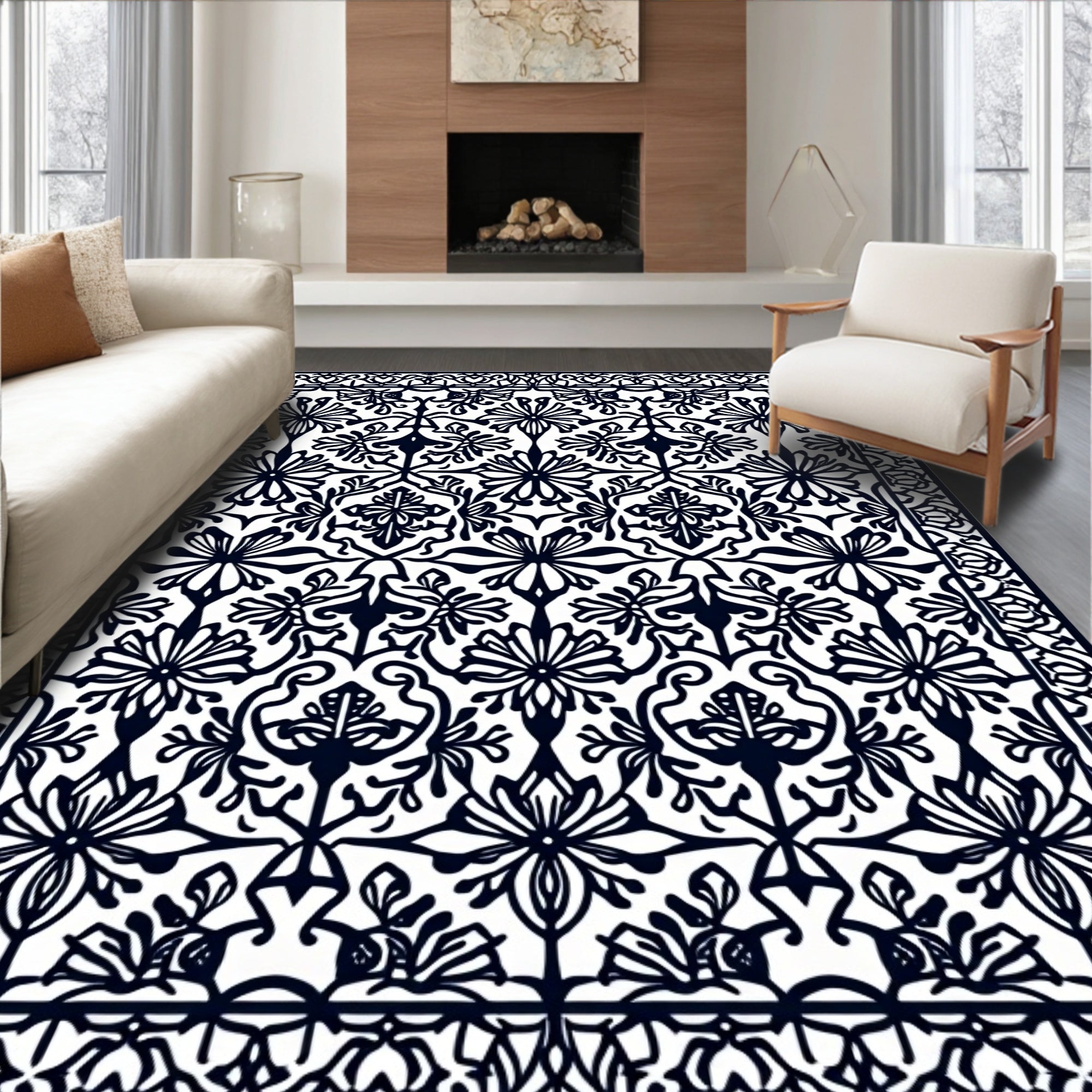 Ornate Floral Black and White Pattern Rug