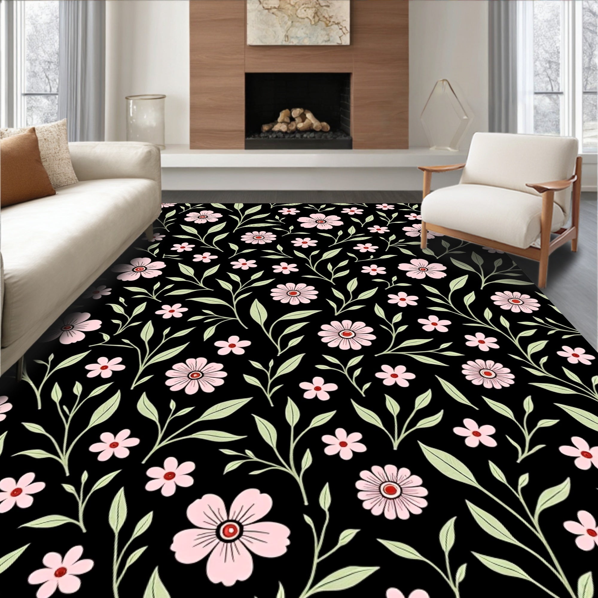 Pink Floral Vine Pattern Rug