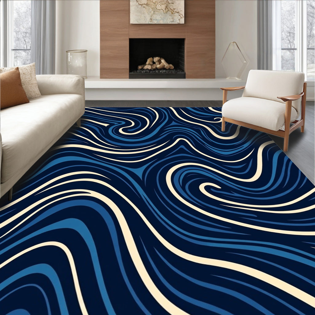 Deep Blue Cream Swirl Pattern Rug