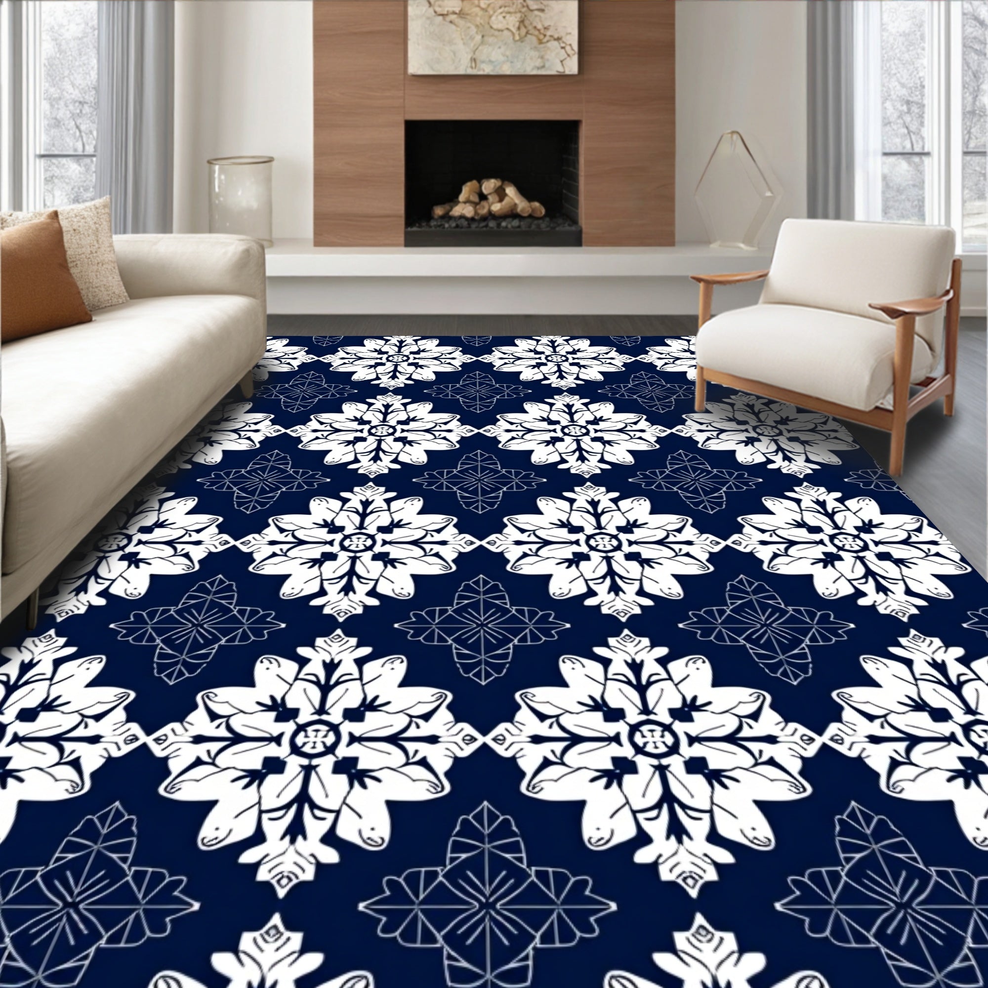 Classic Navy White Floral Pattern Rug