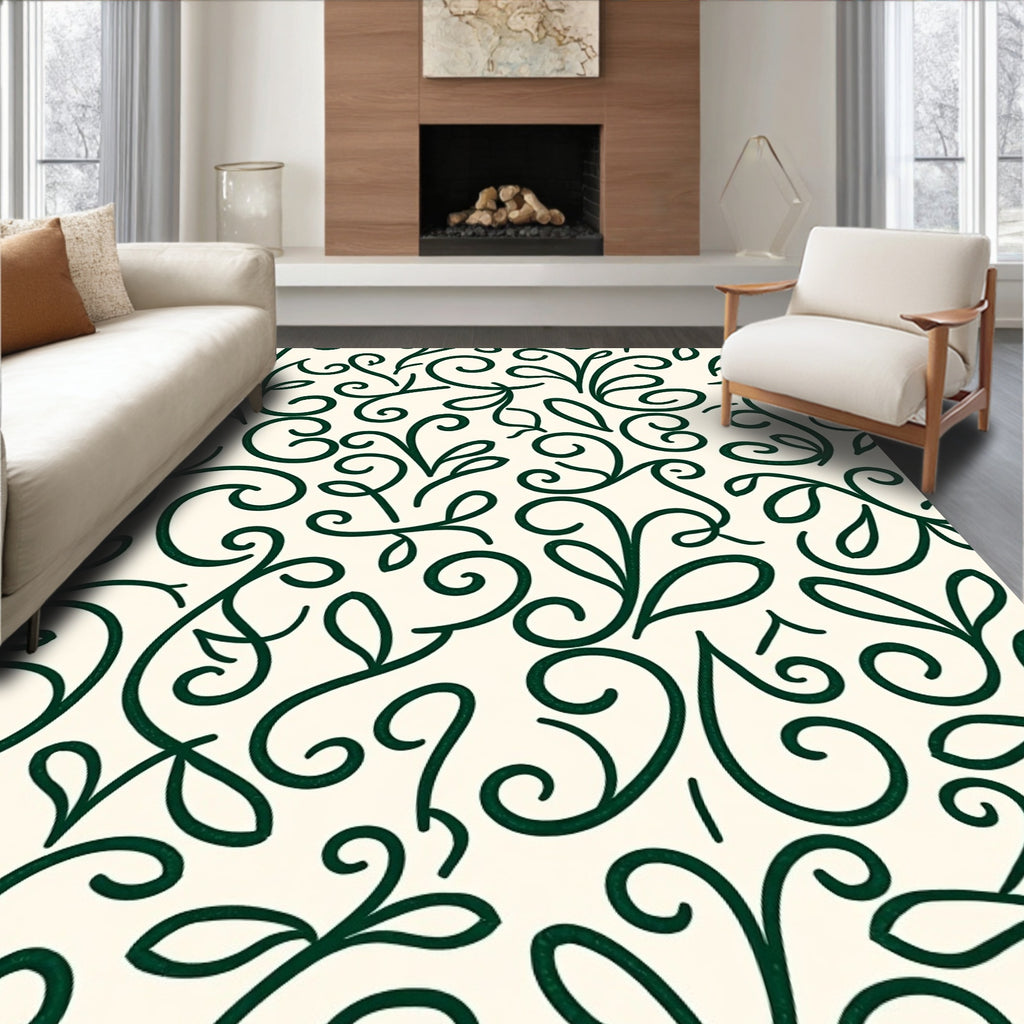 Dark Green Vine Swirl Pattern Rug
