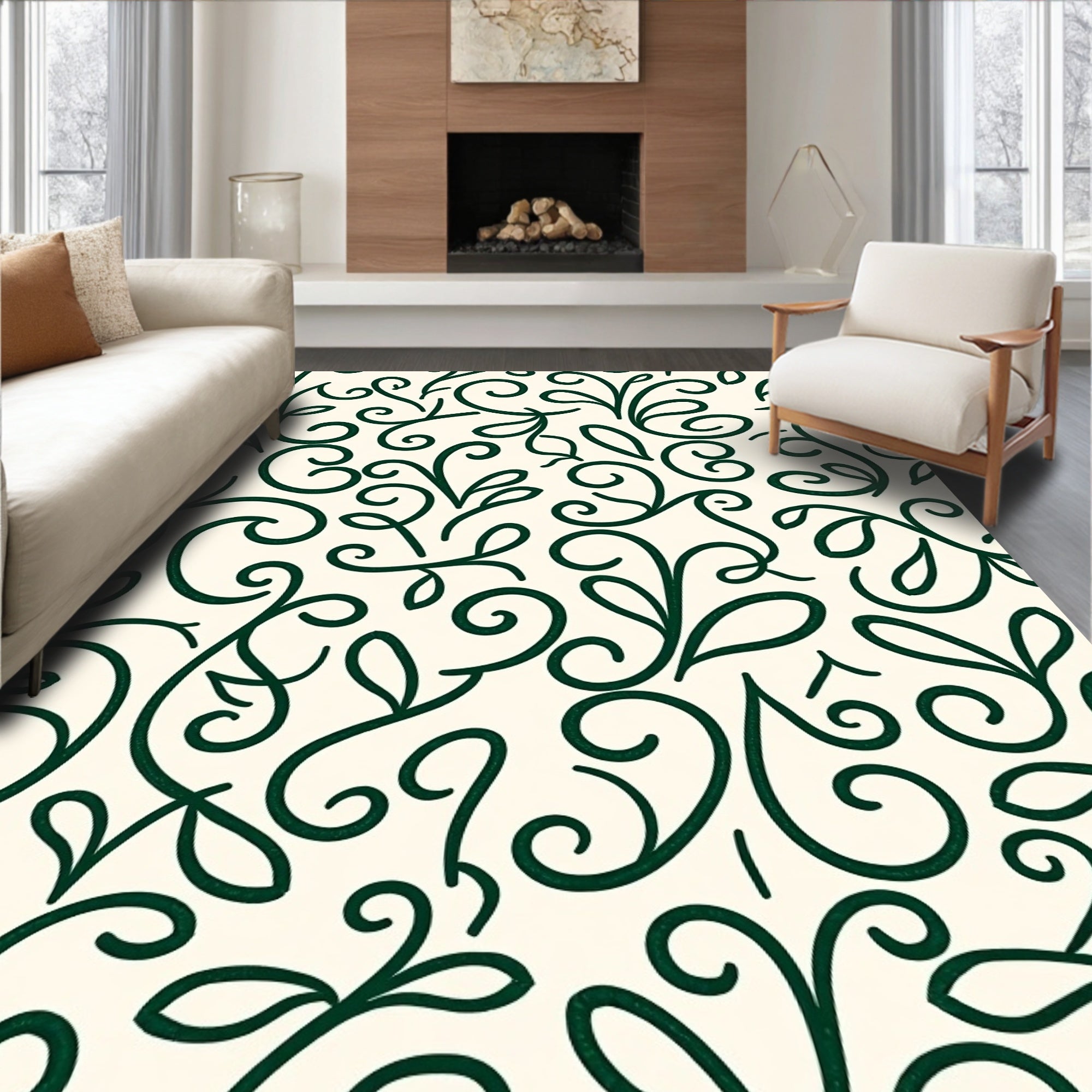 Dark Green Vine Swirl Pattern Rug