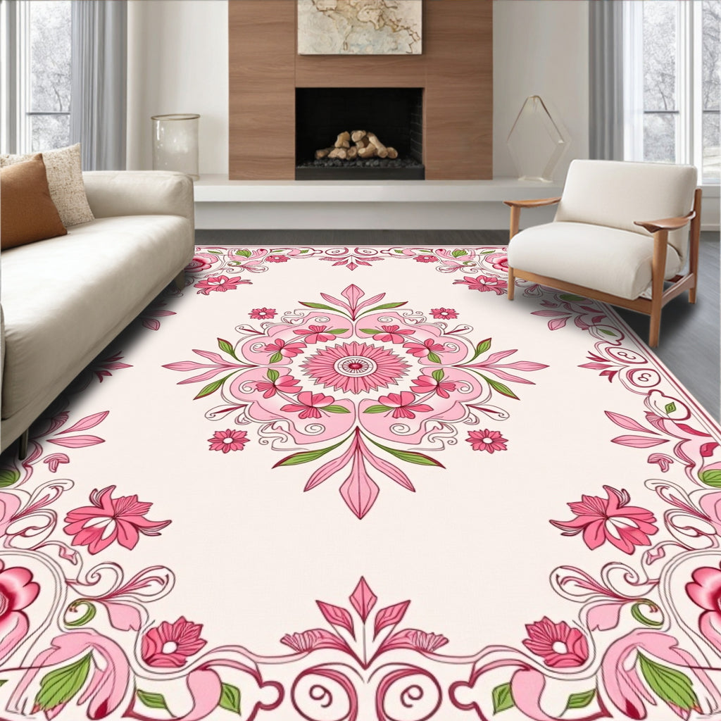 Pink Floral Garden Mandala Design Rug