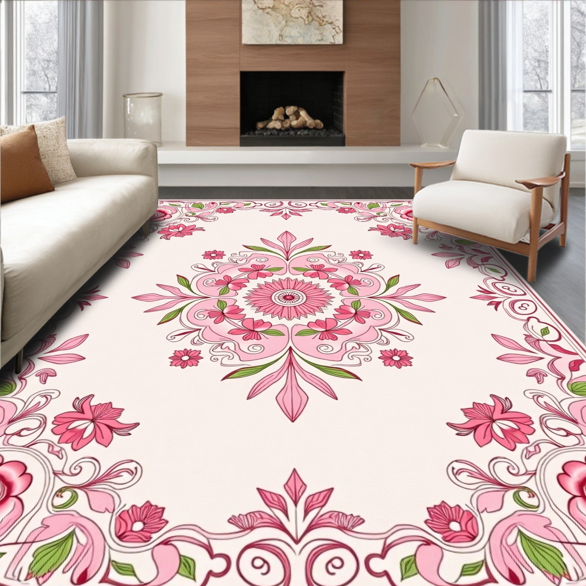 Pink Floral Garden Mandala Design Rug
