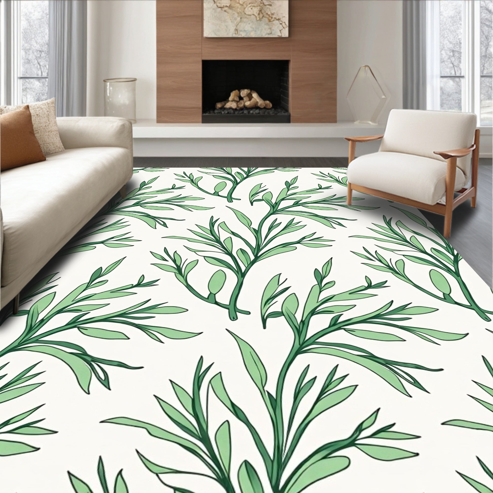 Botanical Greenery Branch Pattern Rug