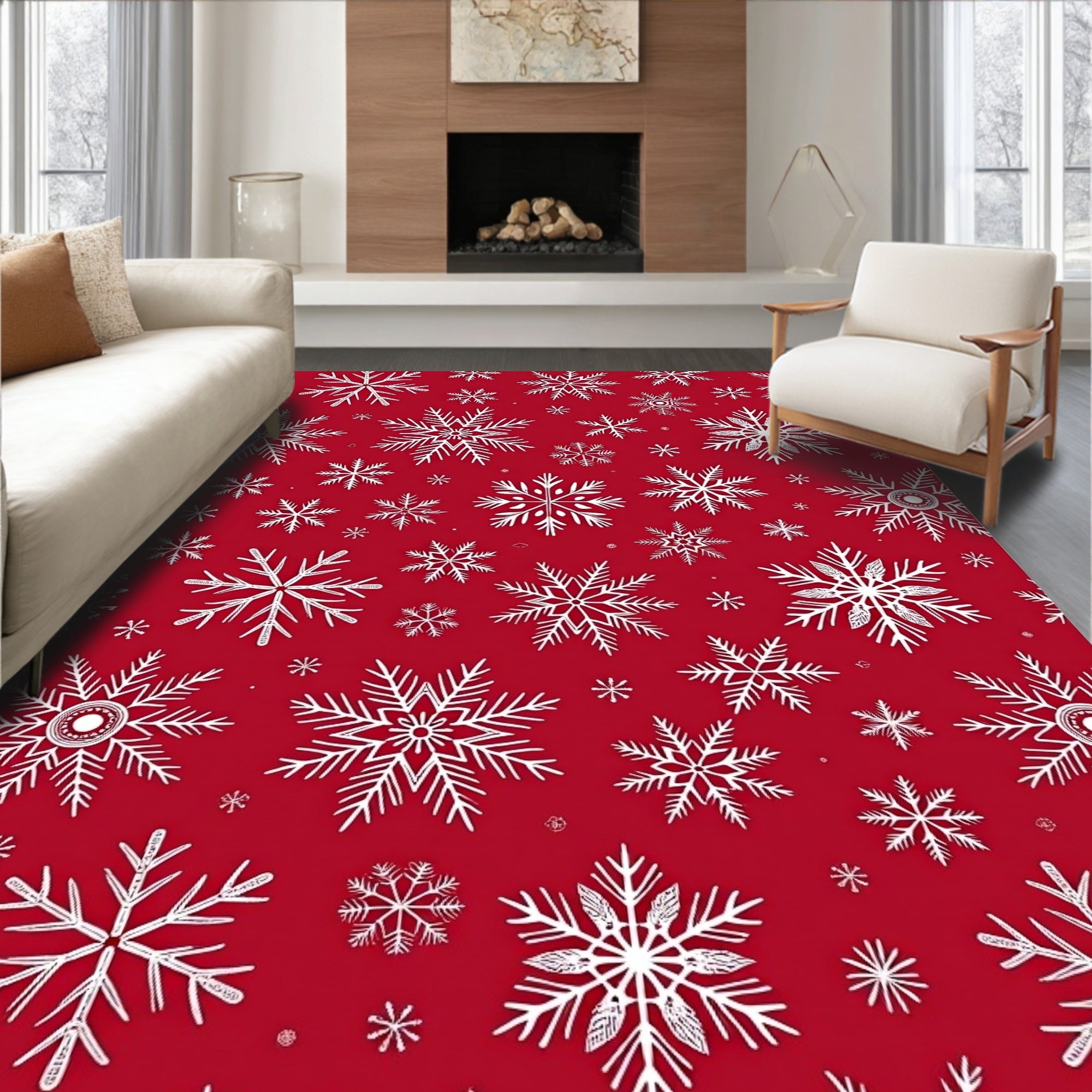 Festive Red White Snowflakes Garland Rug