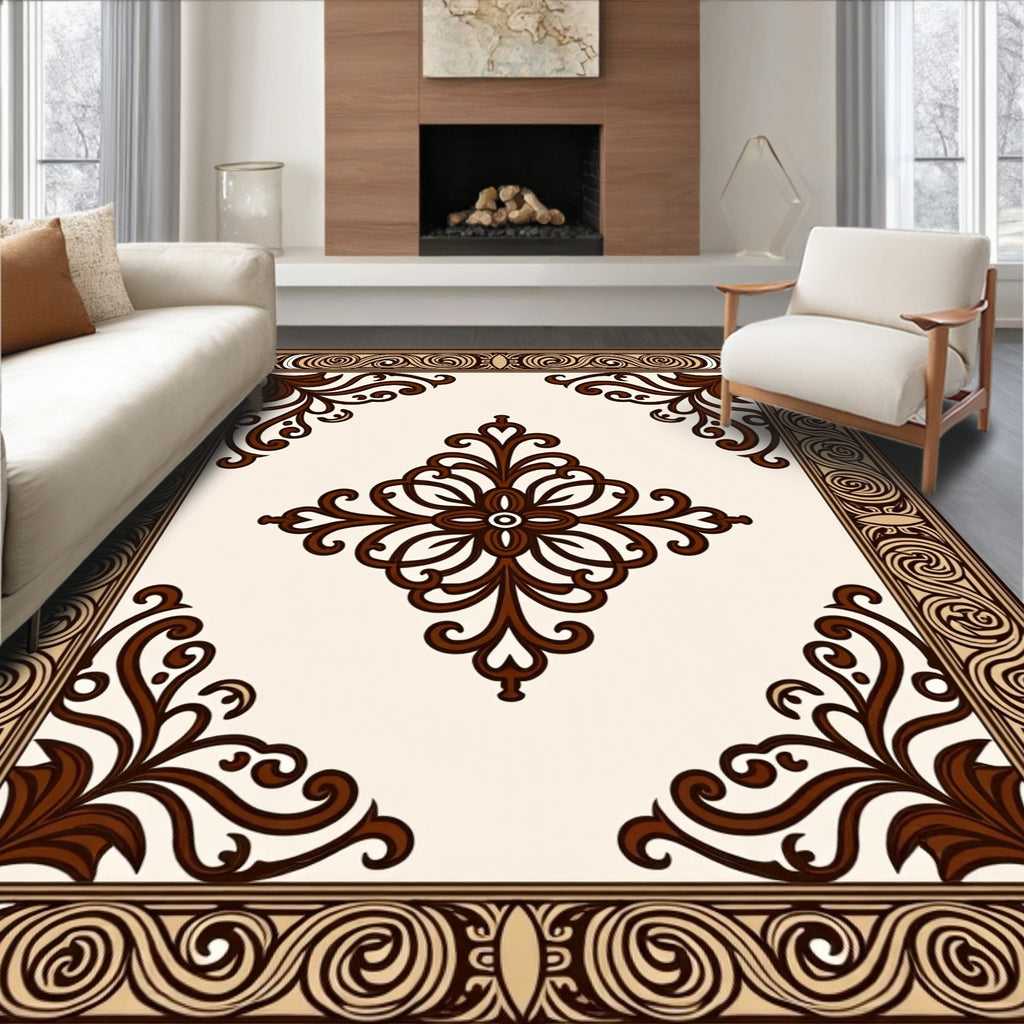 Elegant Scrollwork with Central Floral Motif Rug