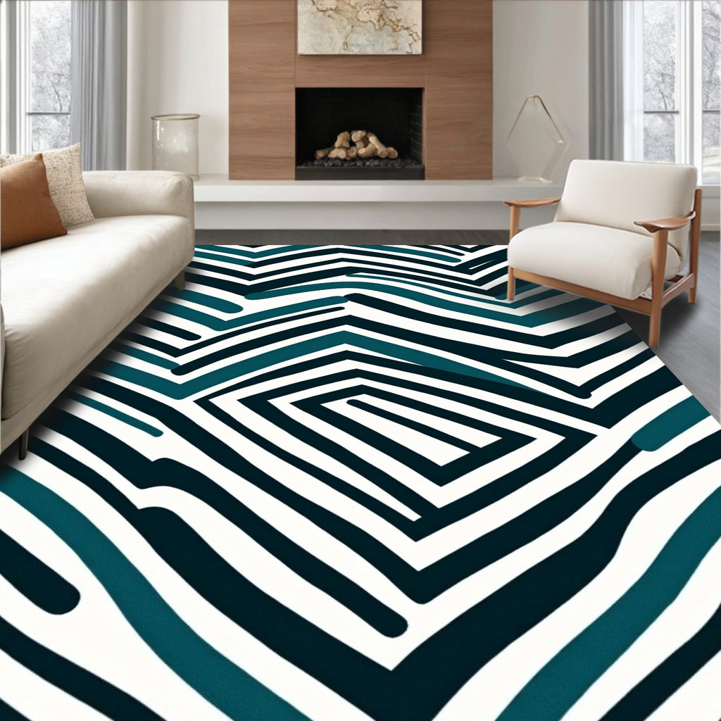 Abstract Teal Navy Wavy Stripe Rug