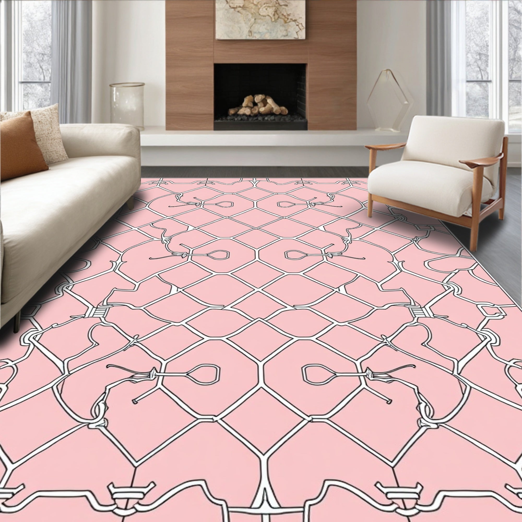Elegant Pink White Interlocking Pattern Rug