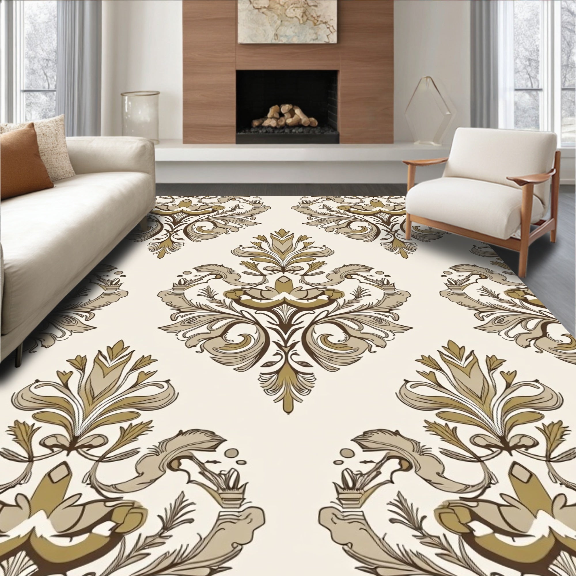 Classic Damask Floral Scrollwork Pattern Rug