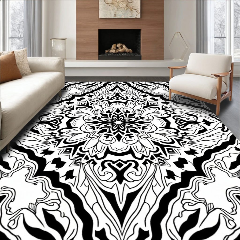 Intricate Black White Mandala Pattern Rug