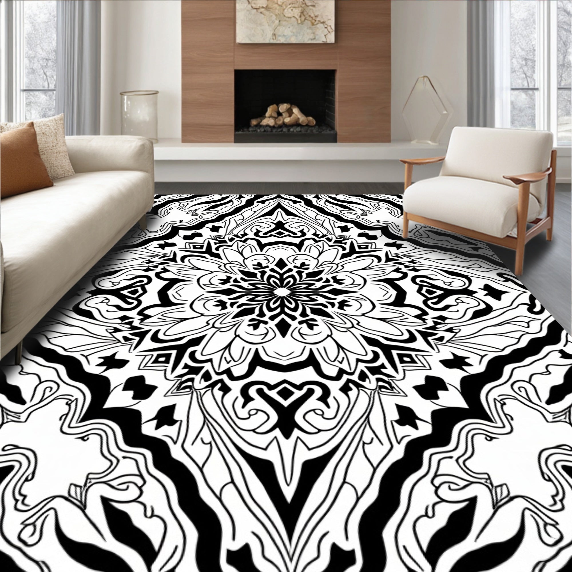 Intricate Black White Mandala Pattern Rug