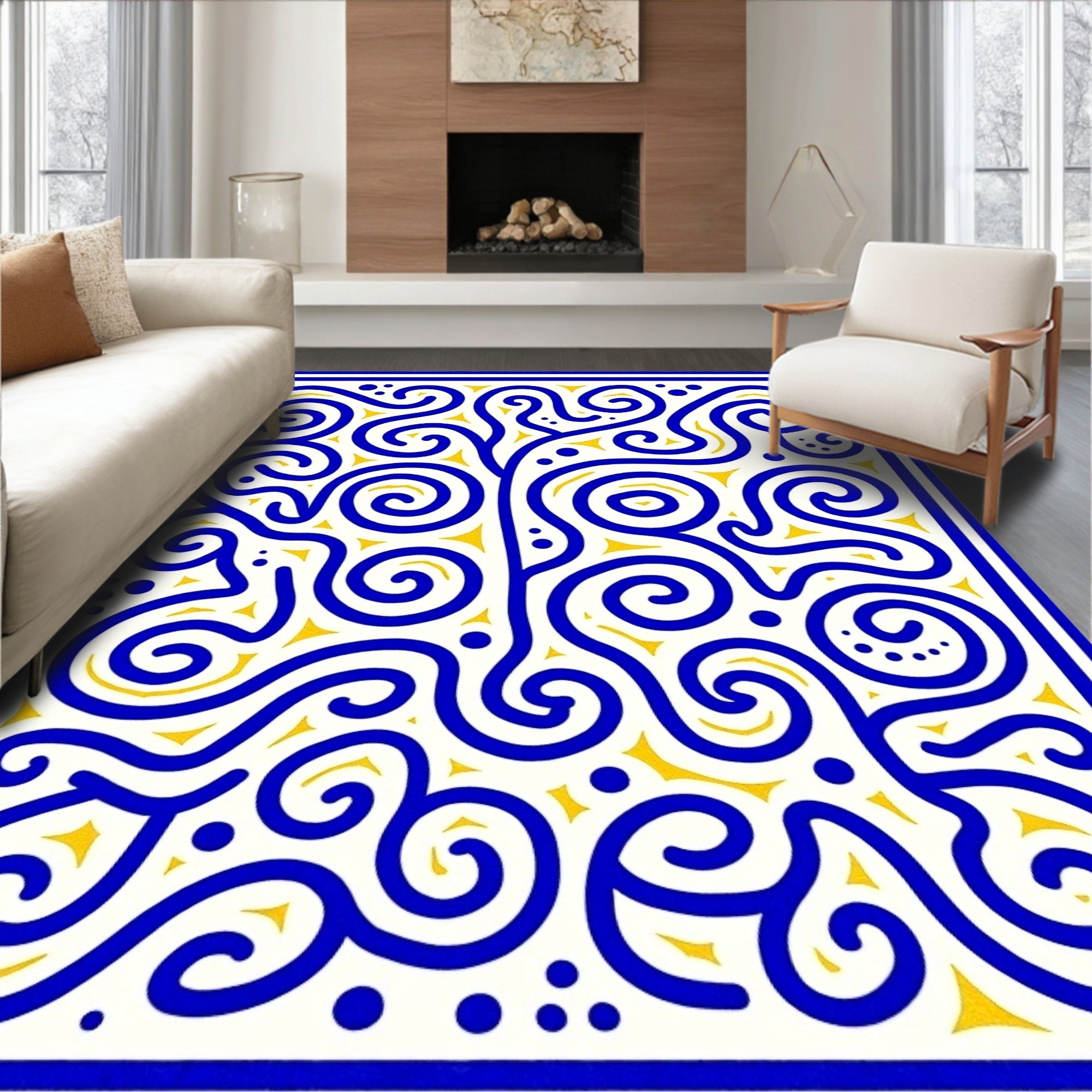 Abstract Blue Yellow Swirl Pattern Rug