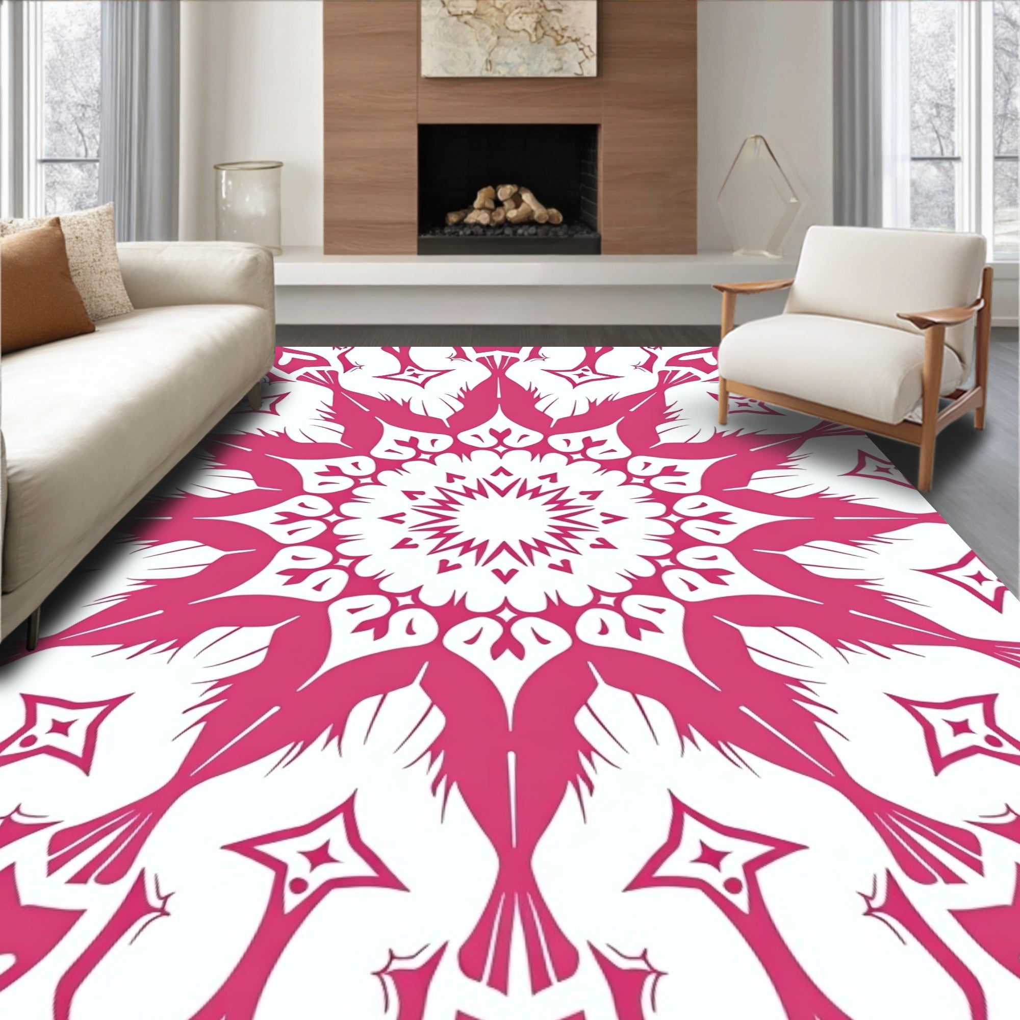 Radiant Pink Bird Mandala Pattern Rug
