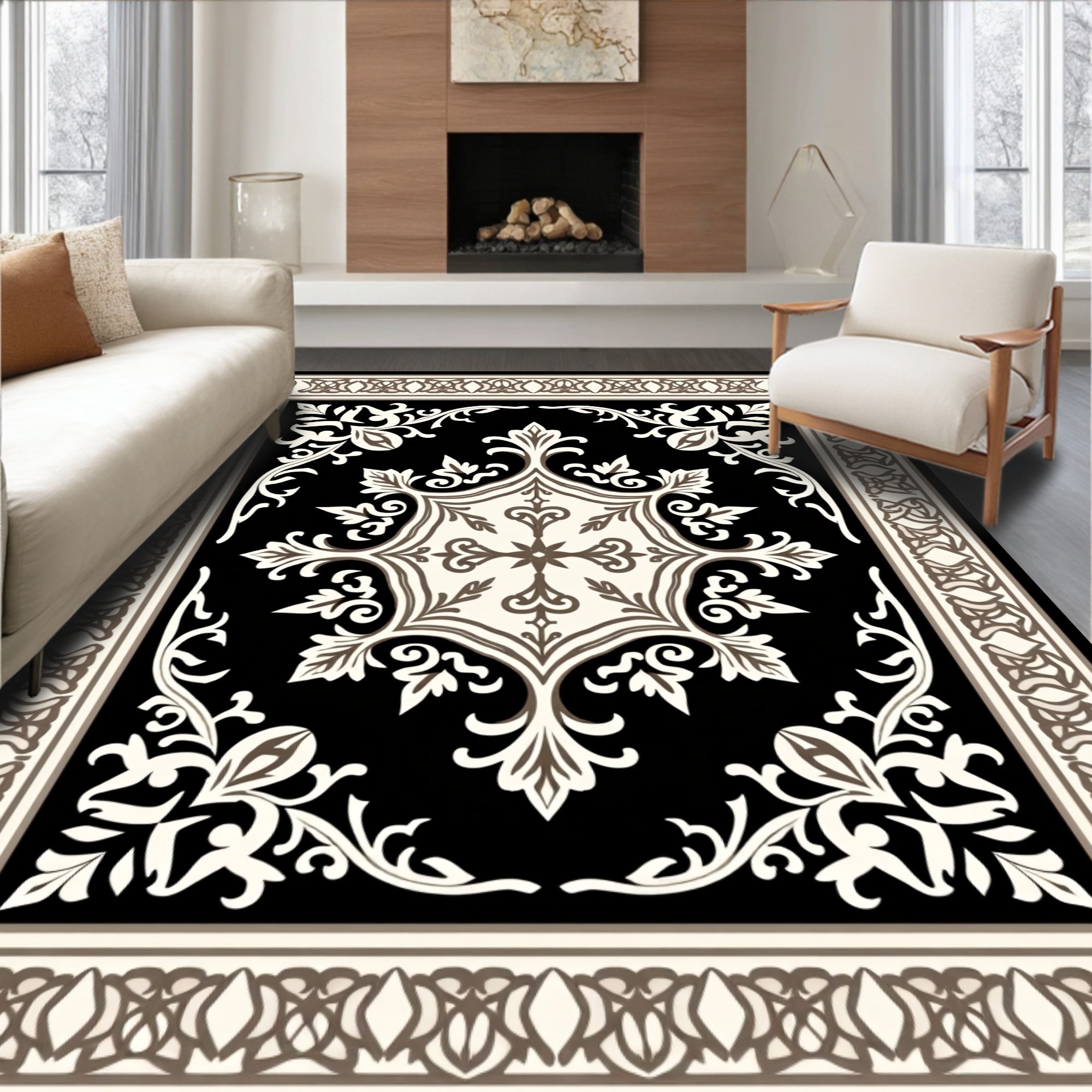Classic Floral Motif Black Rug