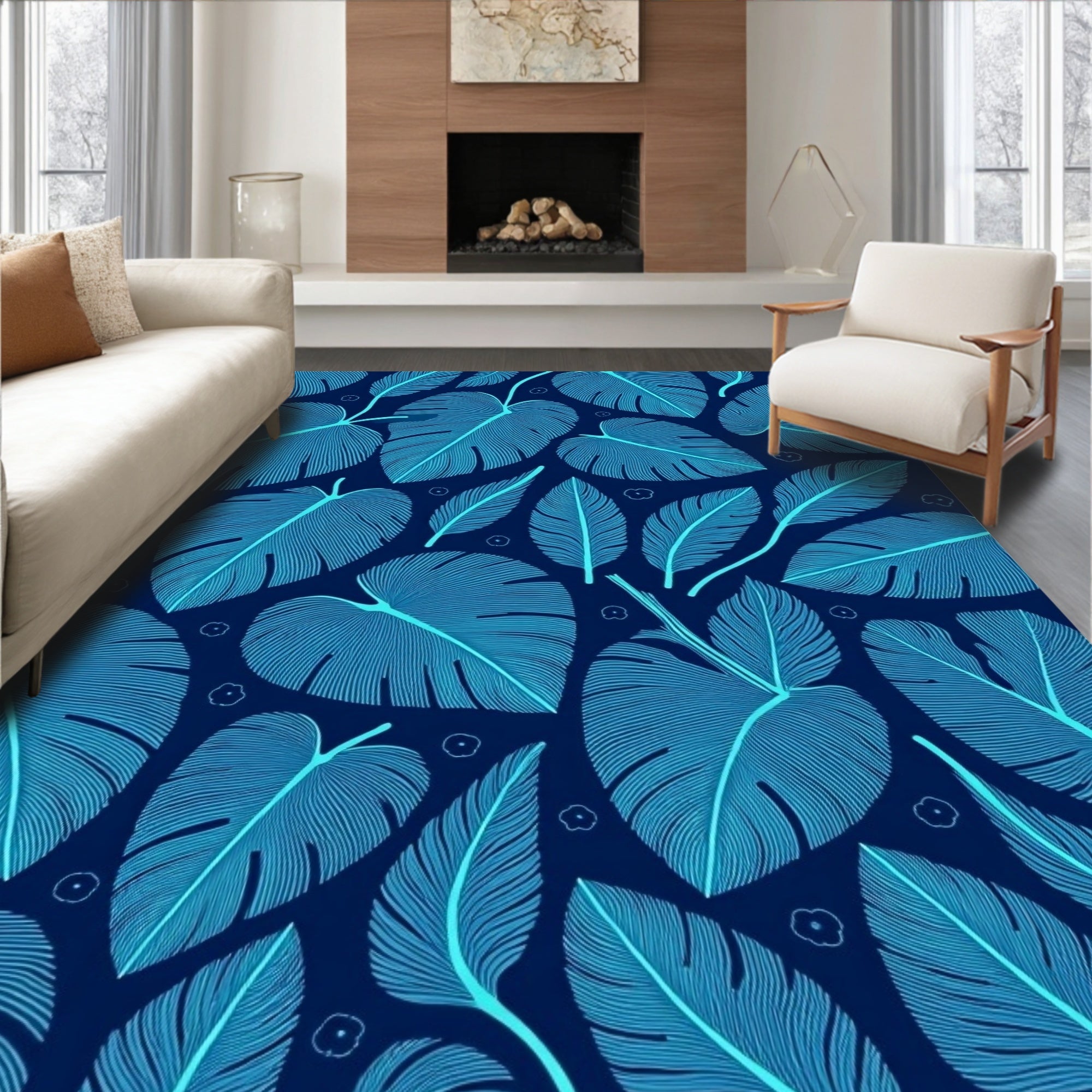Tropical Leaf Pattern In 2 Shades Blue Rug