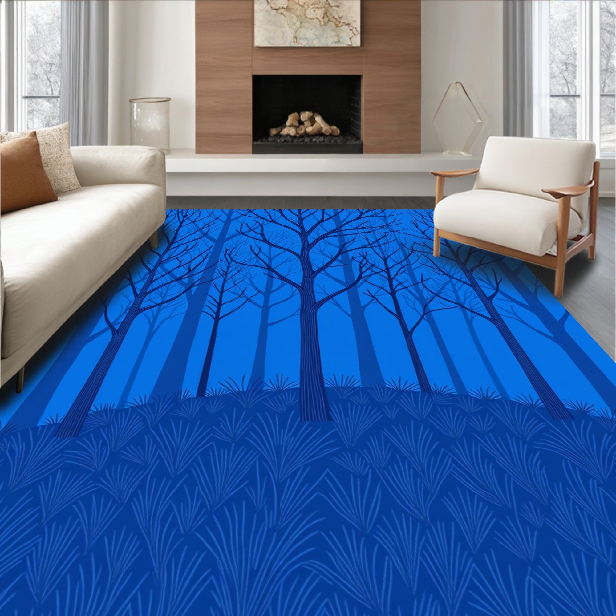 Deep Blue Trees Grass Pattern Rug