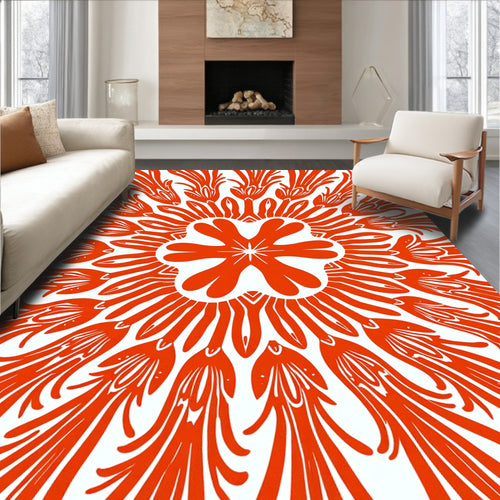 Abstract Orange Floral Sunburst Pattern Rug