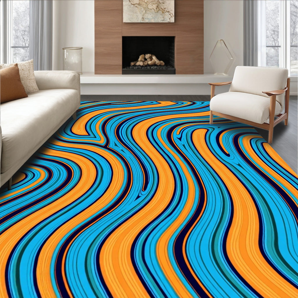 Vibrant Orange Blue Swirl Pattern Rug