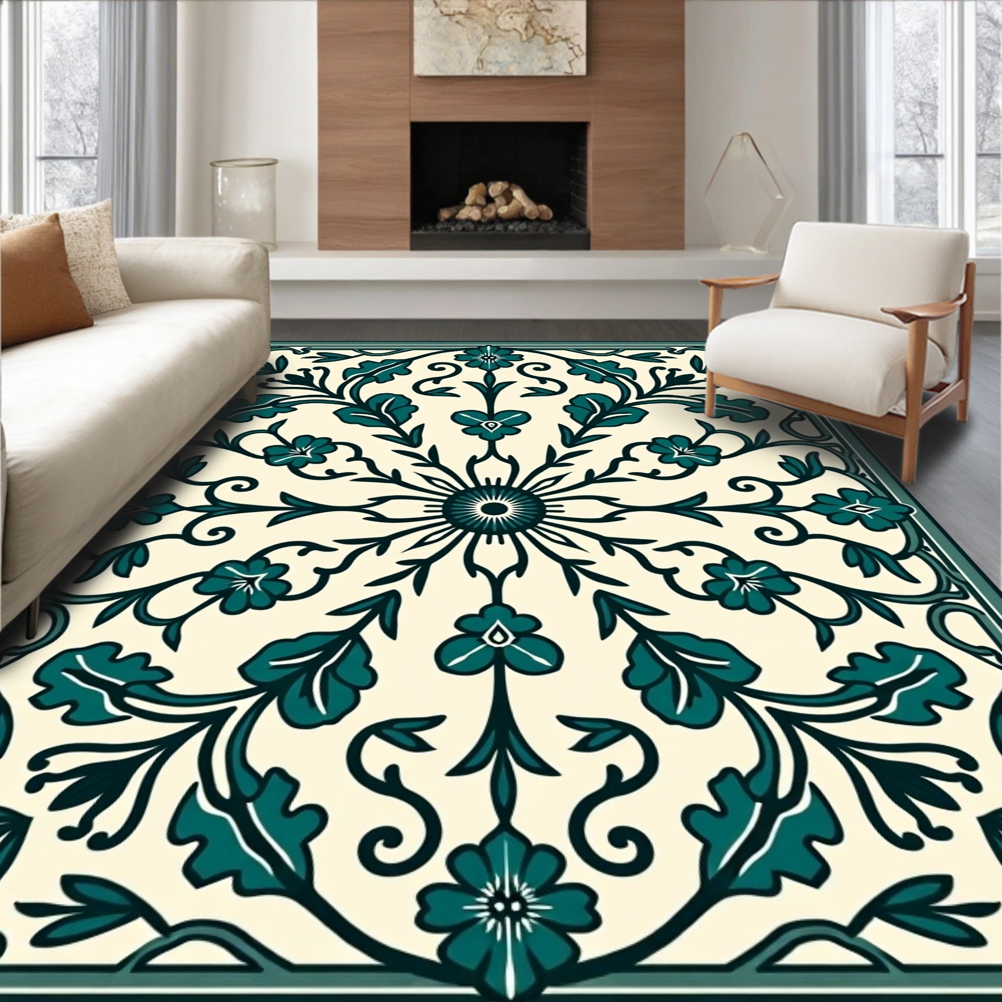 Teal Floral Starburst Pattern Rug