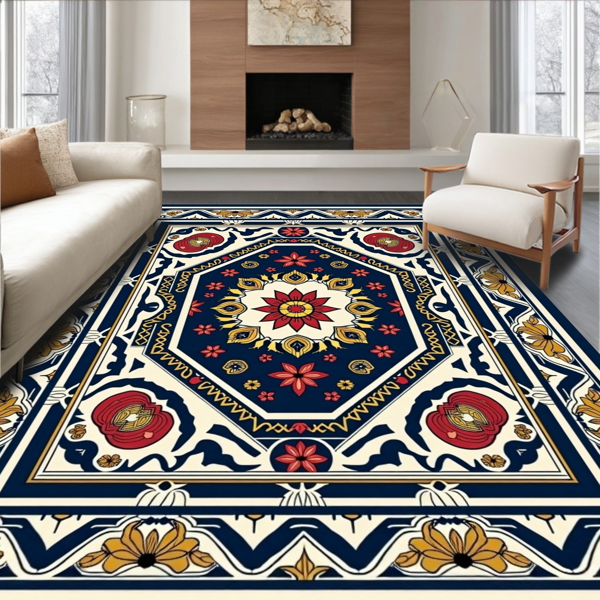 Classic Floral Border With Geometric Center Rug